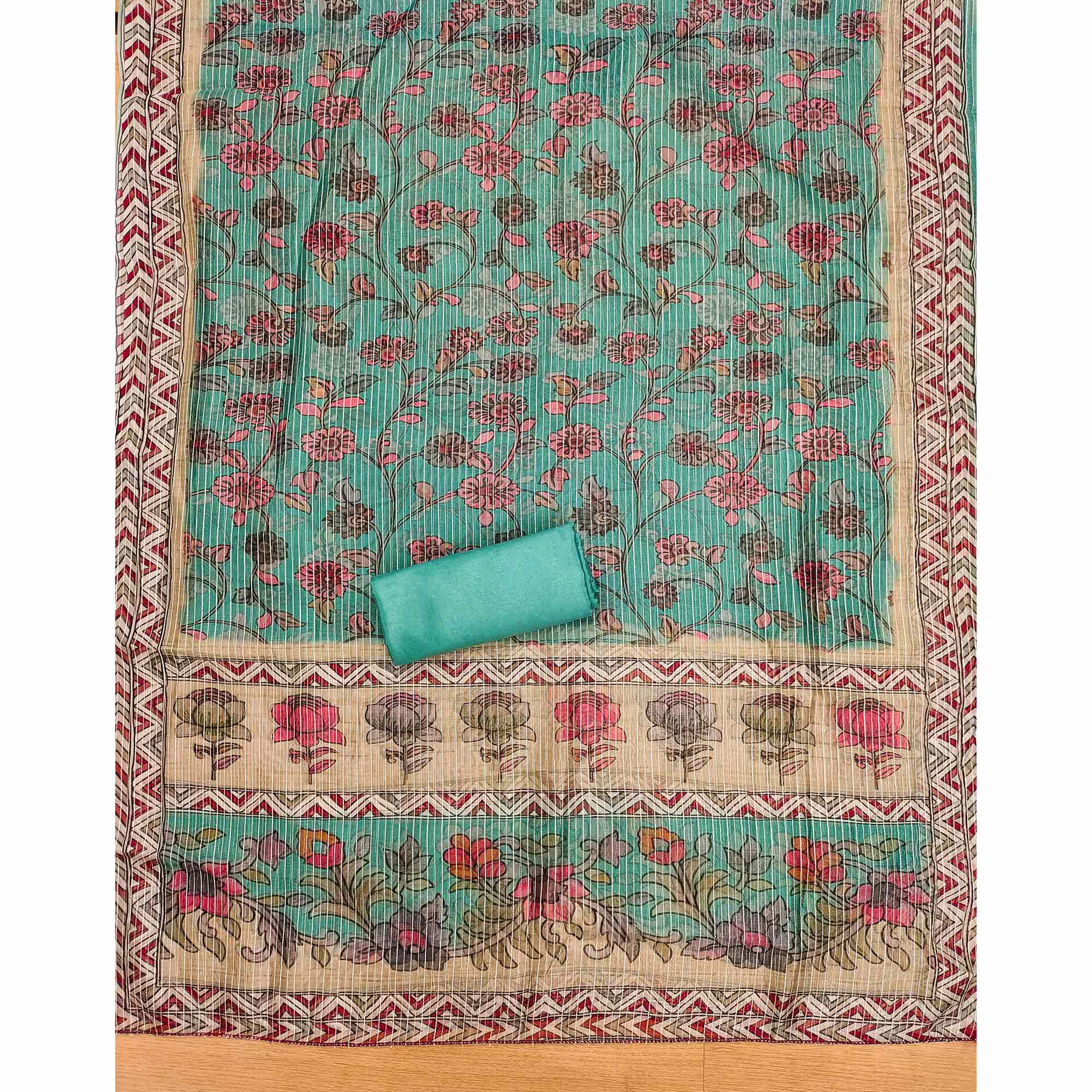 Turquoise Floral Embroidered Chanderi Silk Dress Material