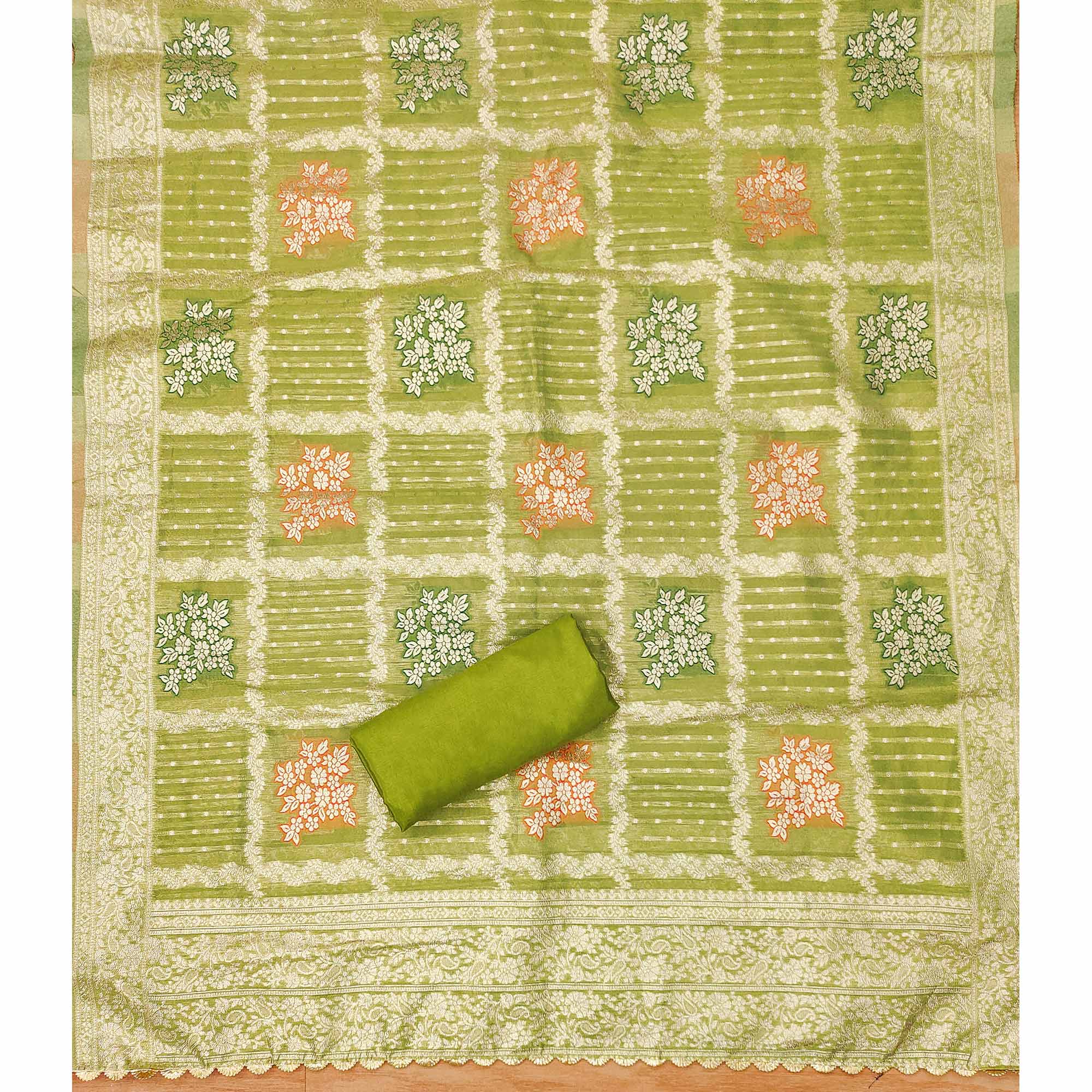 Green Woven With Handwork Simmer Jacquard Dress Material