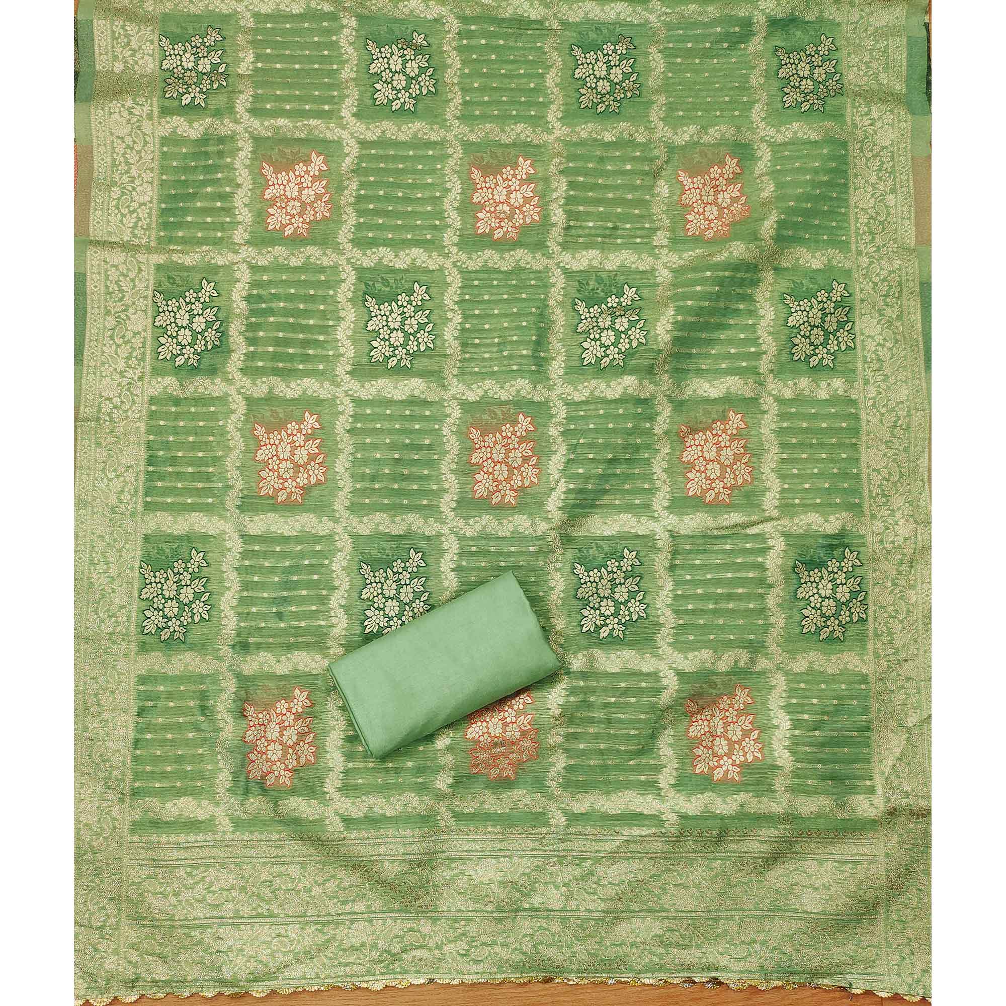 Pista Green Woven With Handwork Simmer Jacquard Dress Material
