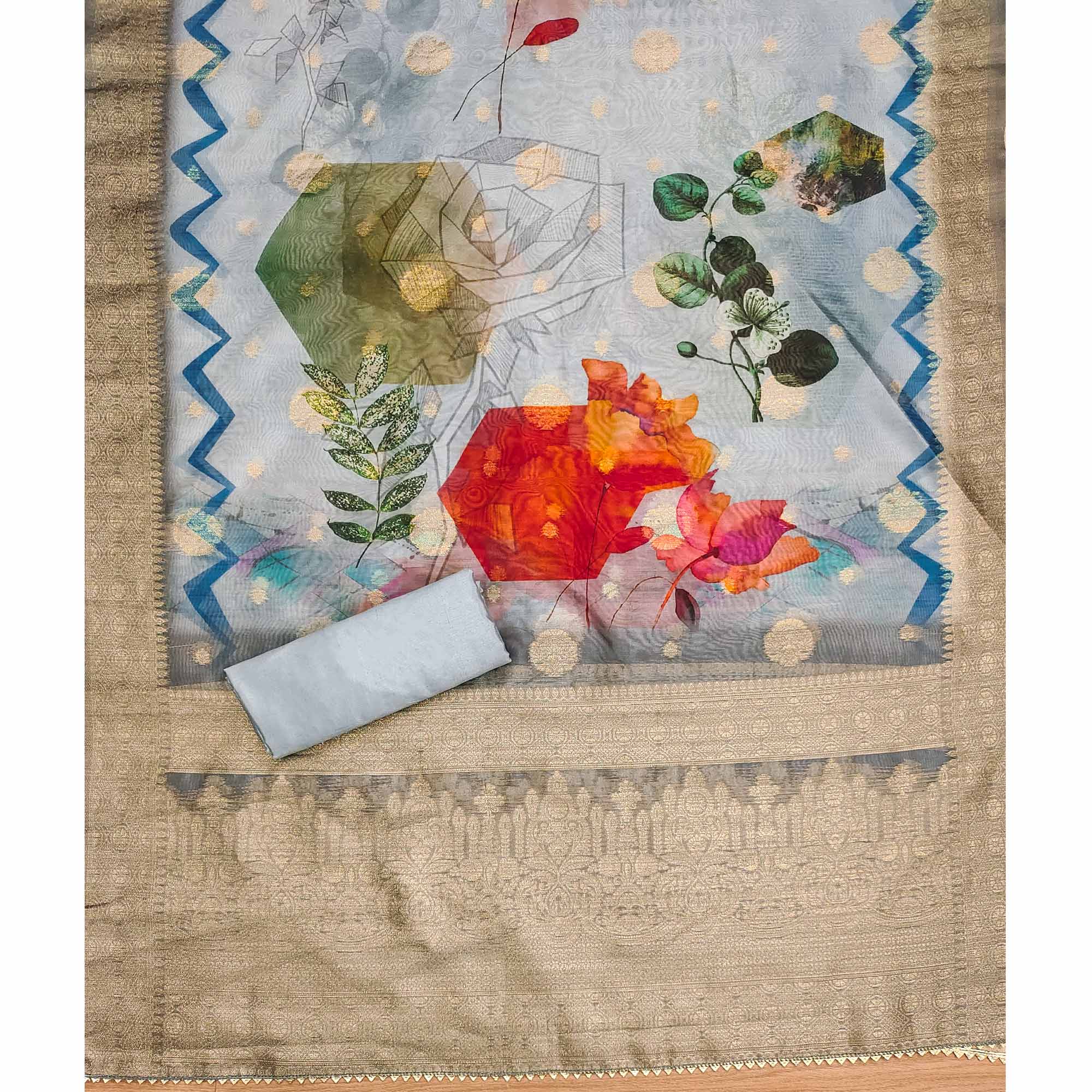 Grey Woven With Digital Printed & Swarovski Organza Dress Material