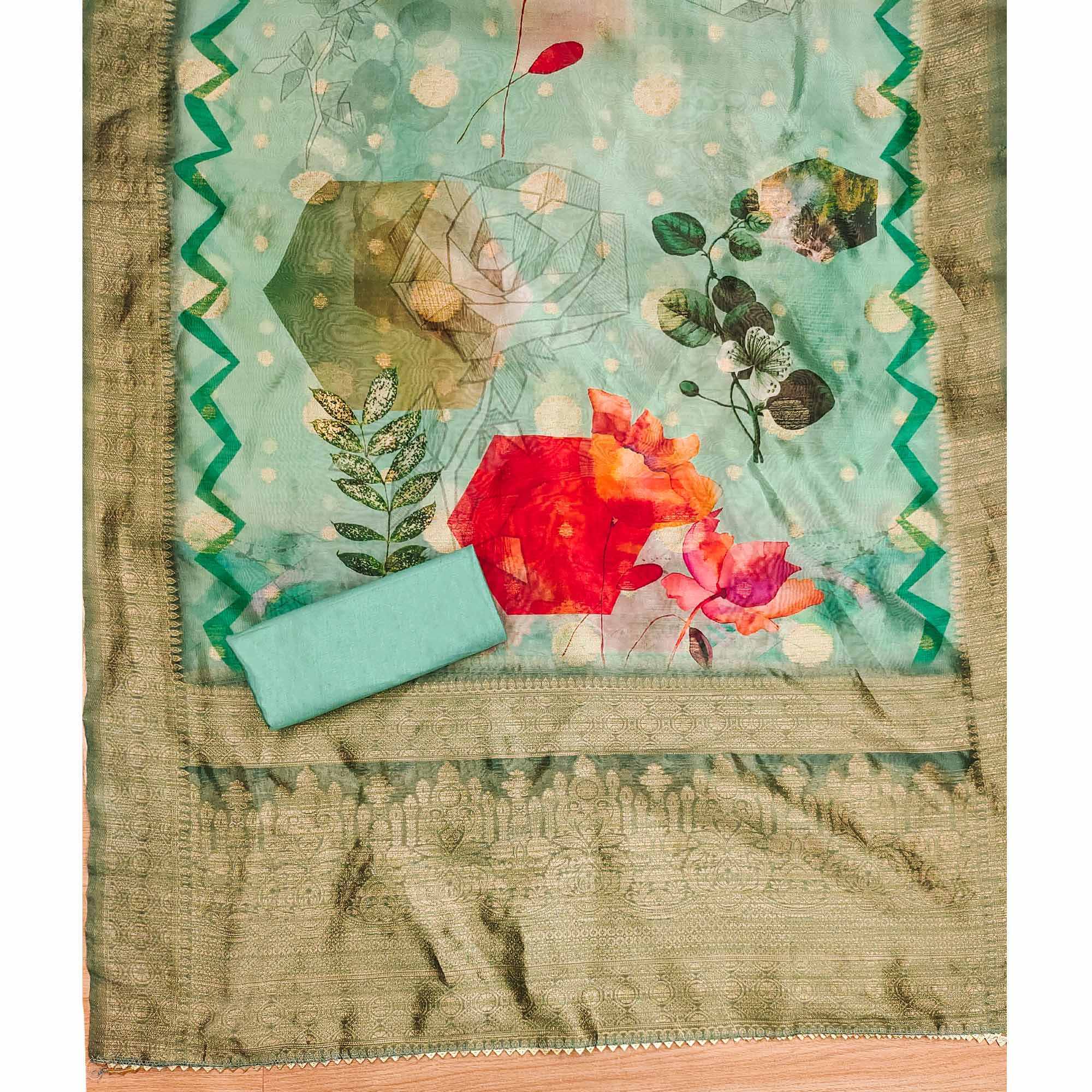 Sea Green Woven With Digital Printed & Swarovski Organza Dress Material