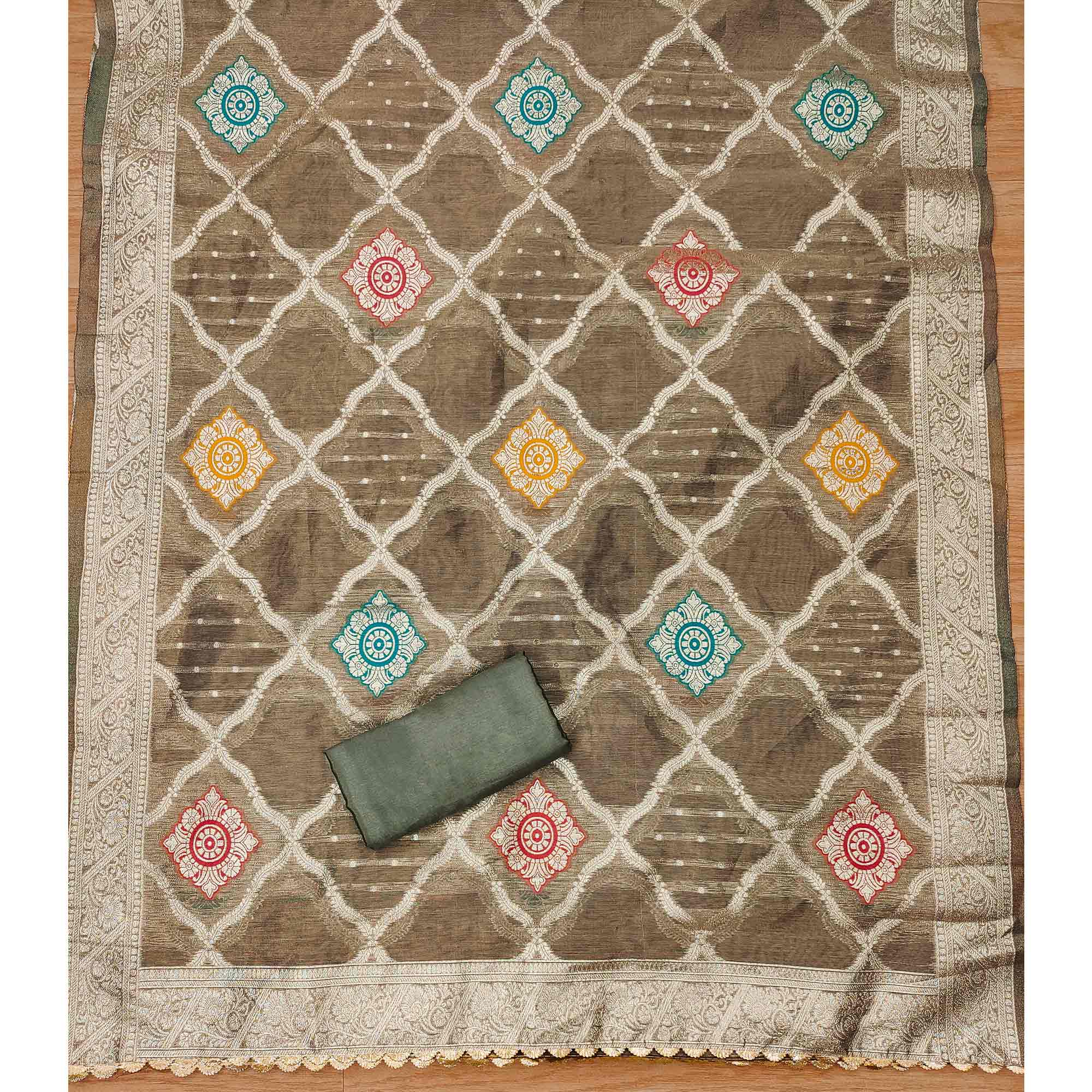 Grey Woven With Handwork Simmer Jacquard Dress Material