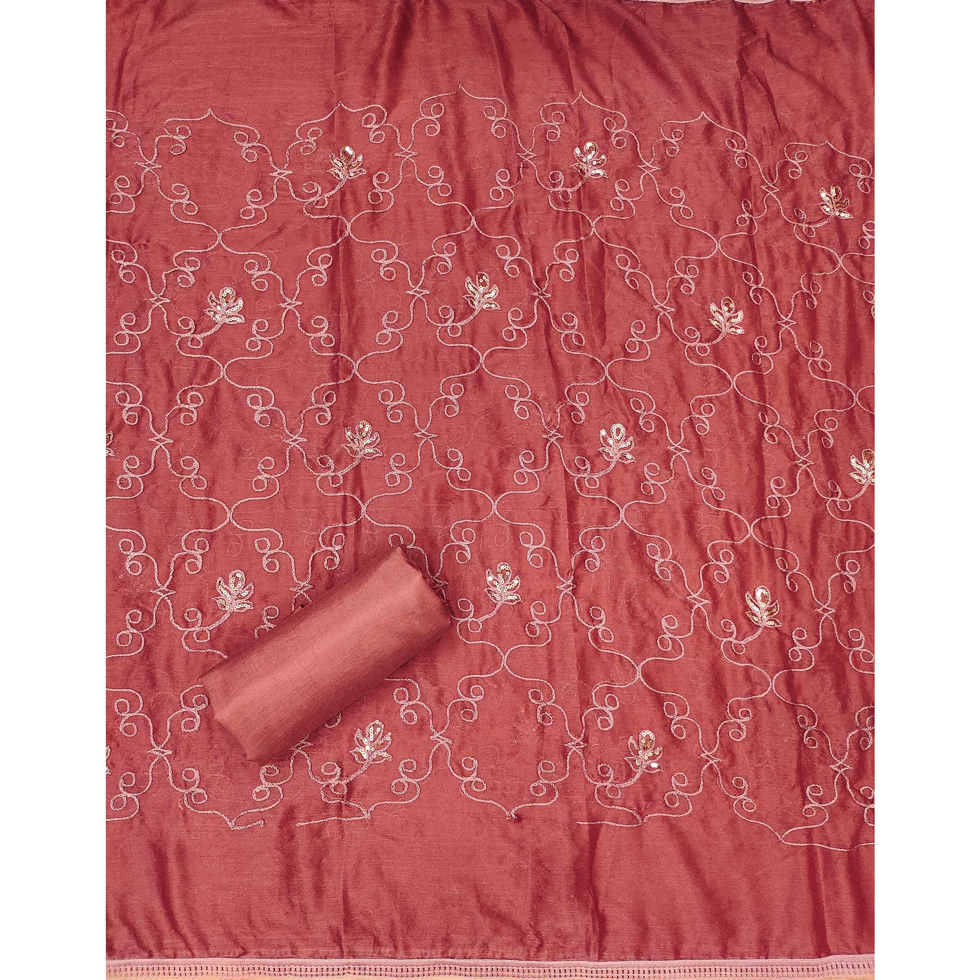 Peach Floral Sequins Embroidered With Printed Organza Dress Material