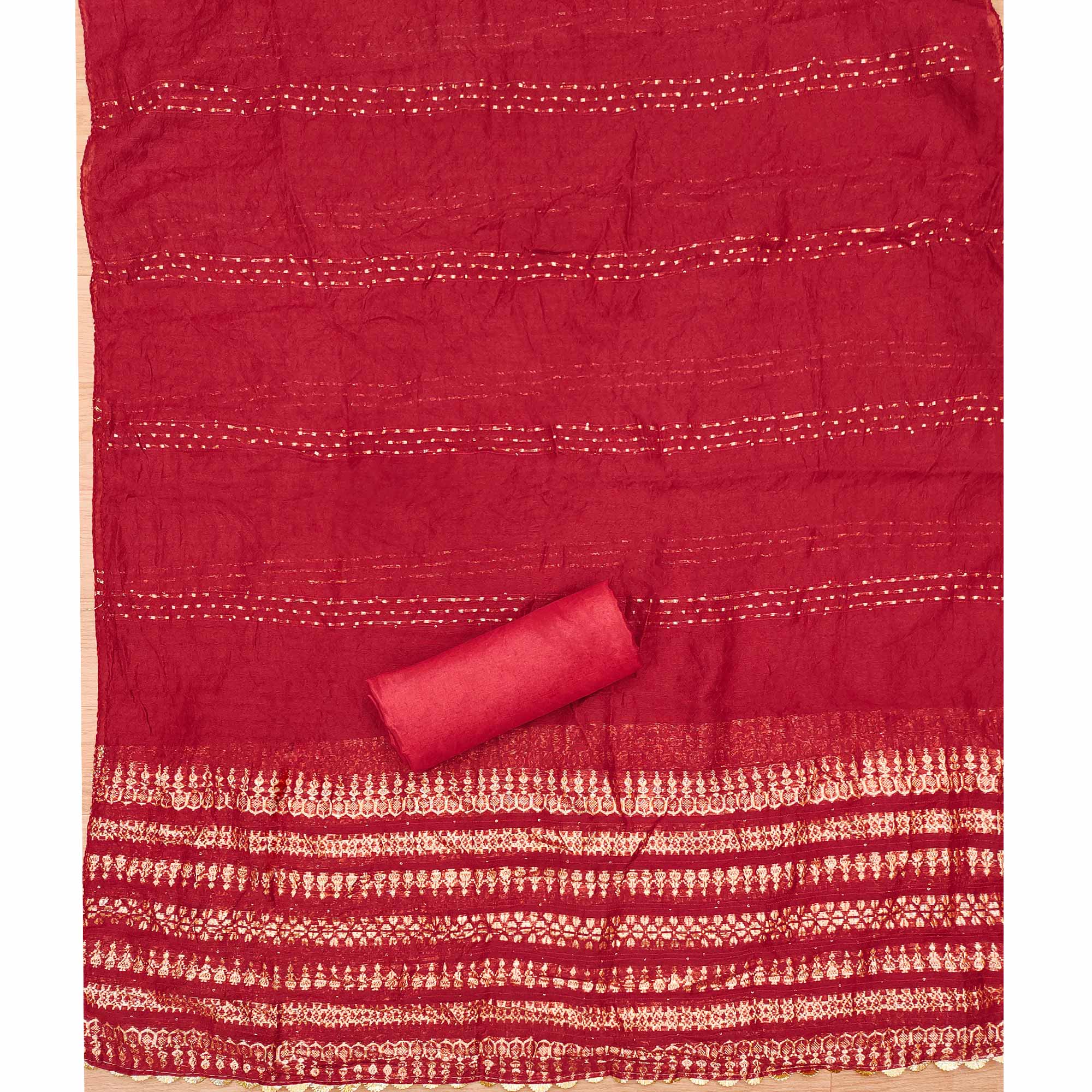 Maroon Floral Foil Printed With Handwork Modal Cotton Silk Dress Material