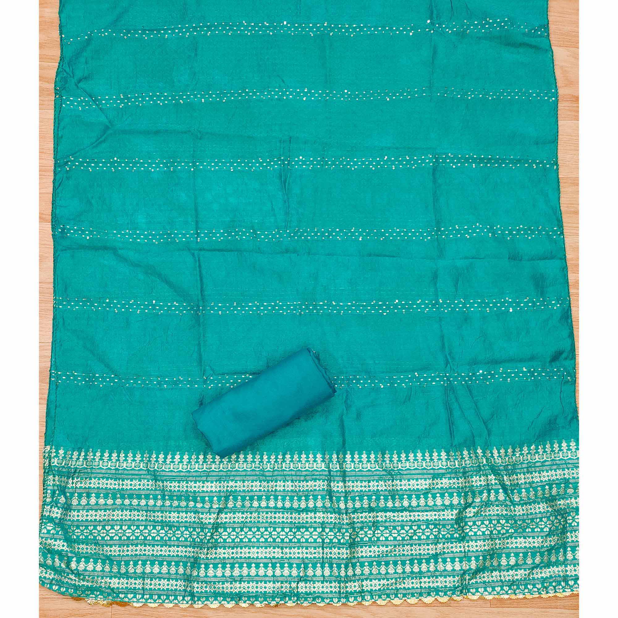 Rama Blue Floral Foil Printed With Handwork Modal Cotton Silk Dress Material