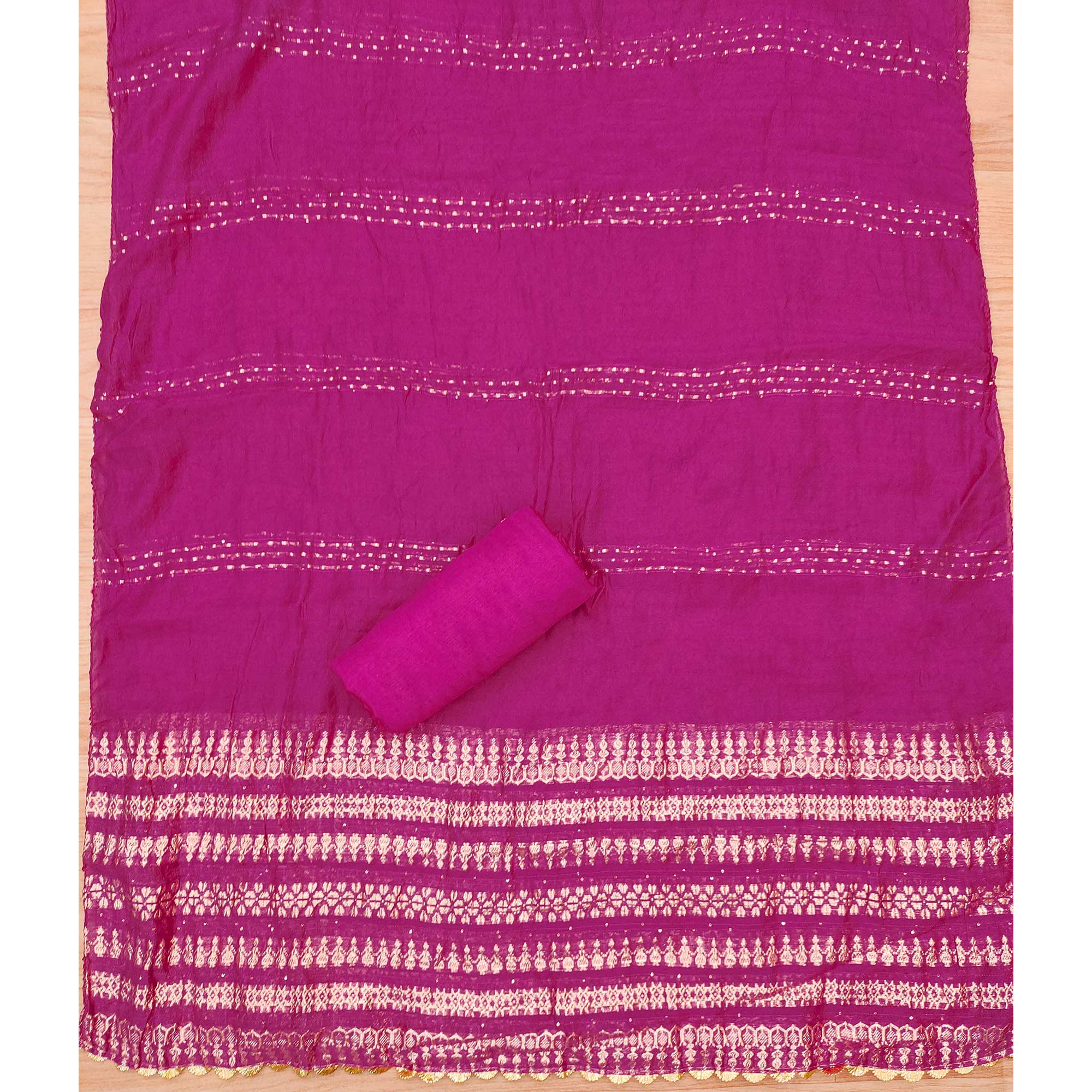 Rani Pink Floral Foil Printed With Handwork Modal Cotton Silk Dress Material