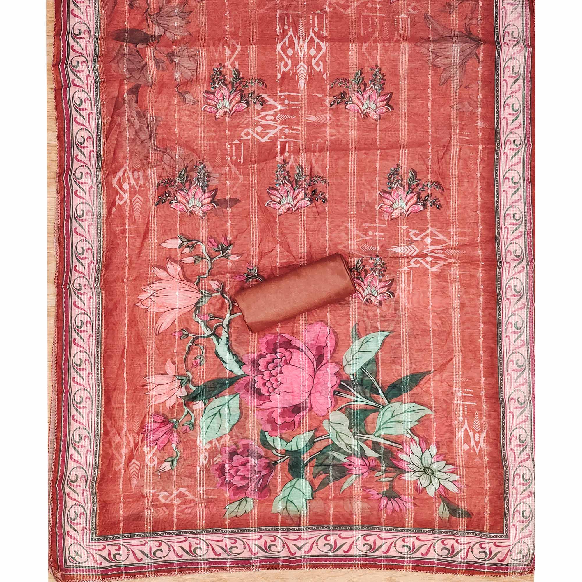 Rust Floral Sequins Embroidered Art Silk Dress Material