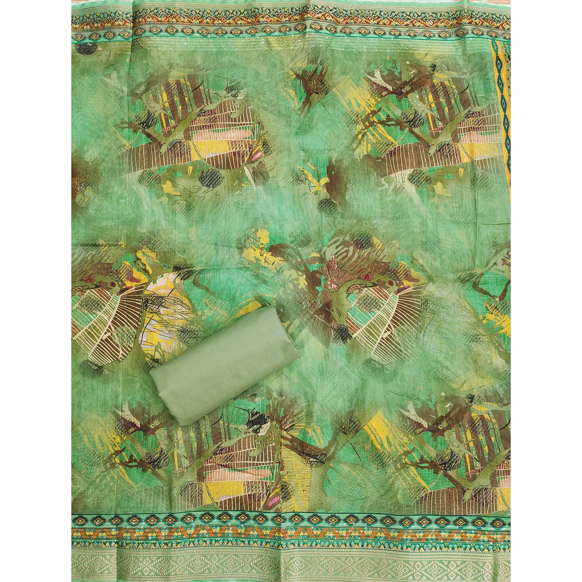 Green Floral Foil Printed With Embroidery Modal Cotton Silk Dress Material