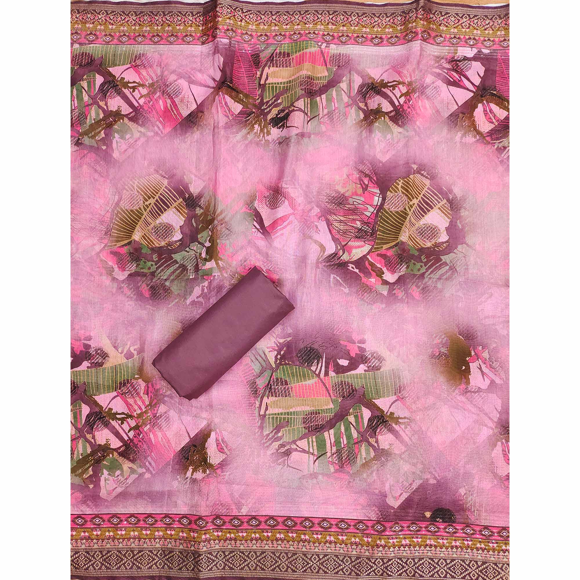 Wine Floral Foil Printed With Embroidery Modal Cotton Silk Dress Material