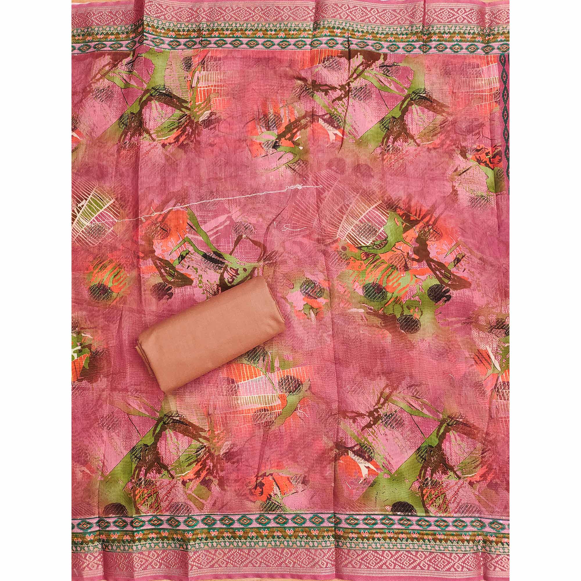 Pink Floral Foil Printed With Embroidery Modal Cotton Silk Dress Material