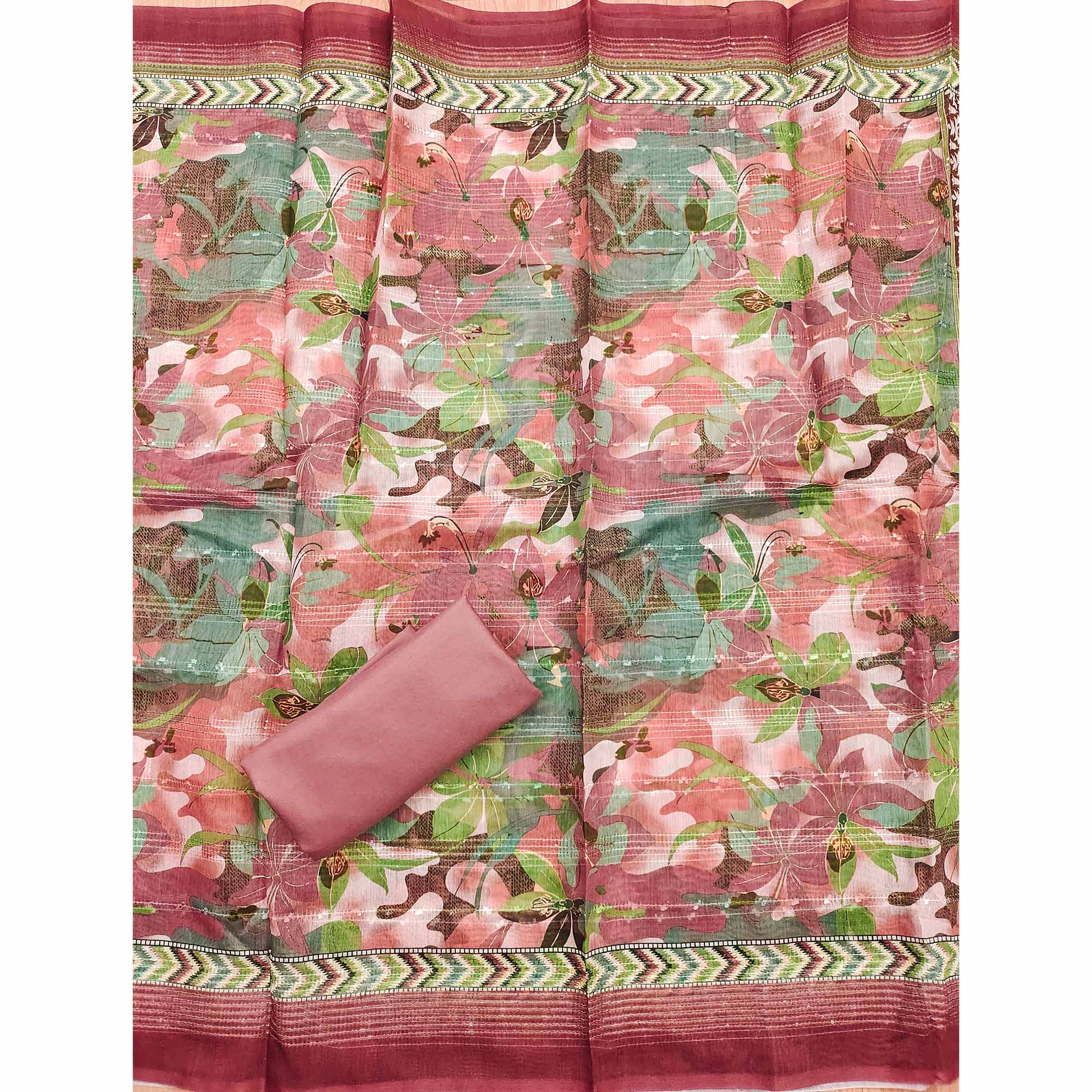 Peach Floral Foil Printed With Embroidery Modal Cotton Silk Dress Material