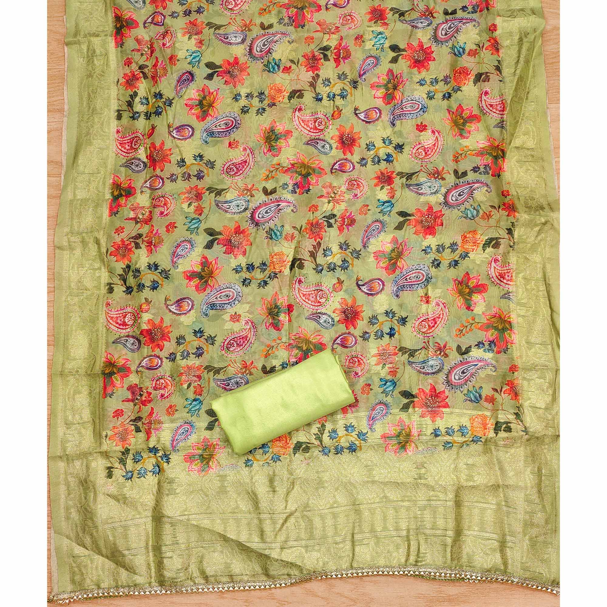 Green Floral Embroidered Roman Cottom Silk Dress Material