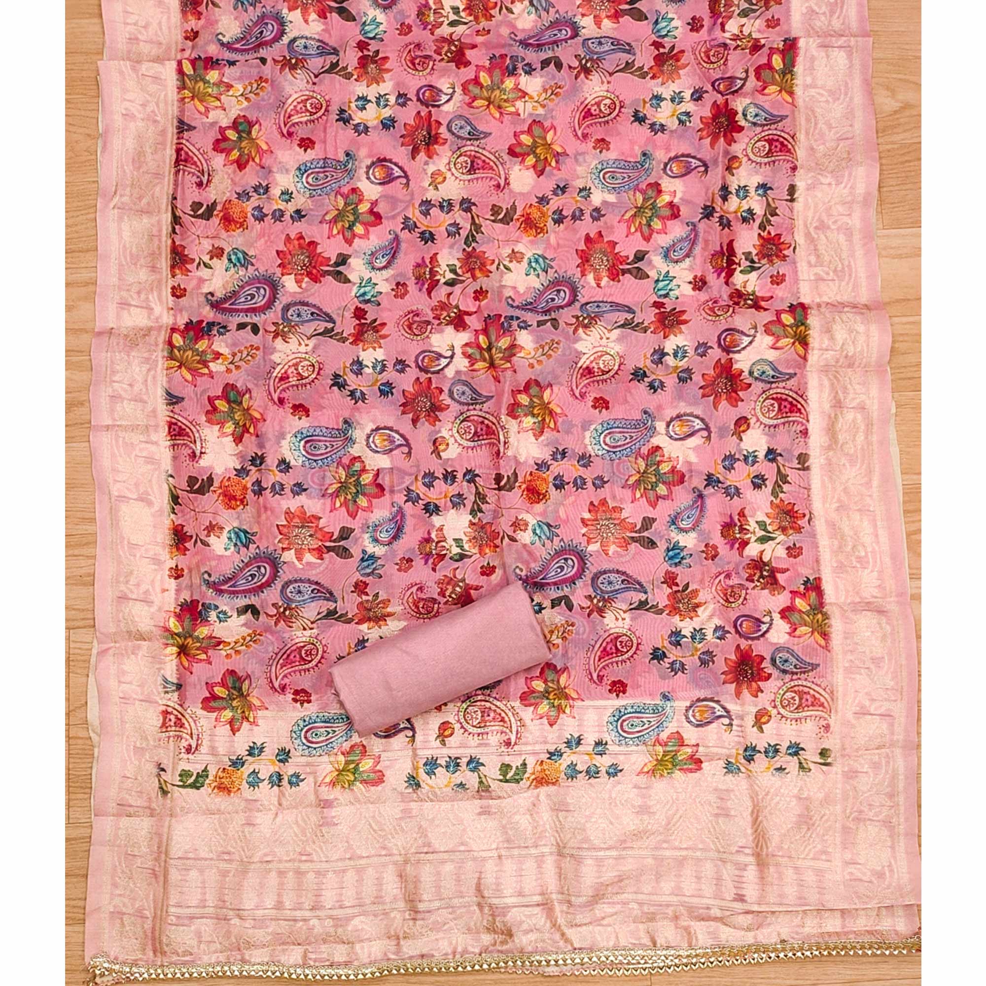 Peach Floral Embroidered Roman Cottom Silk Dress Material