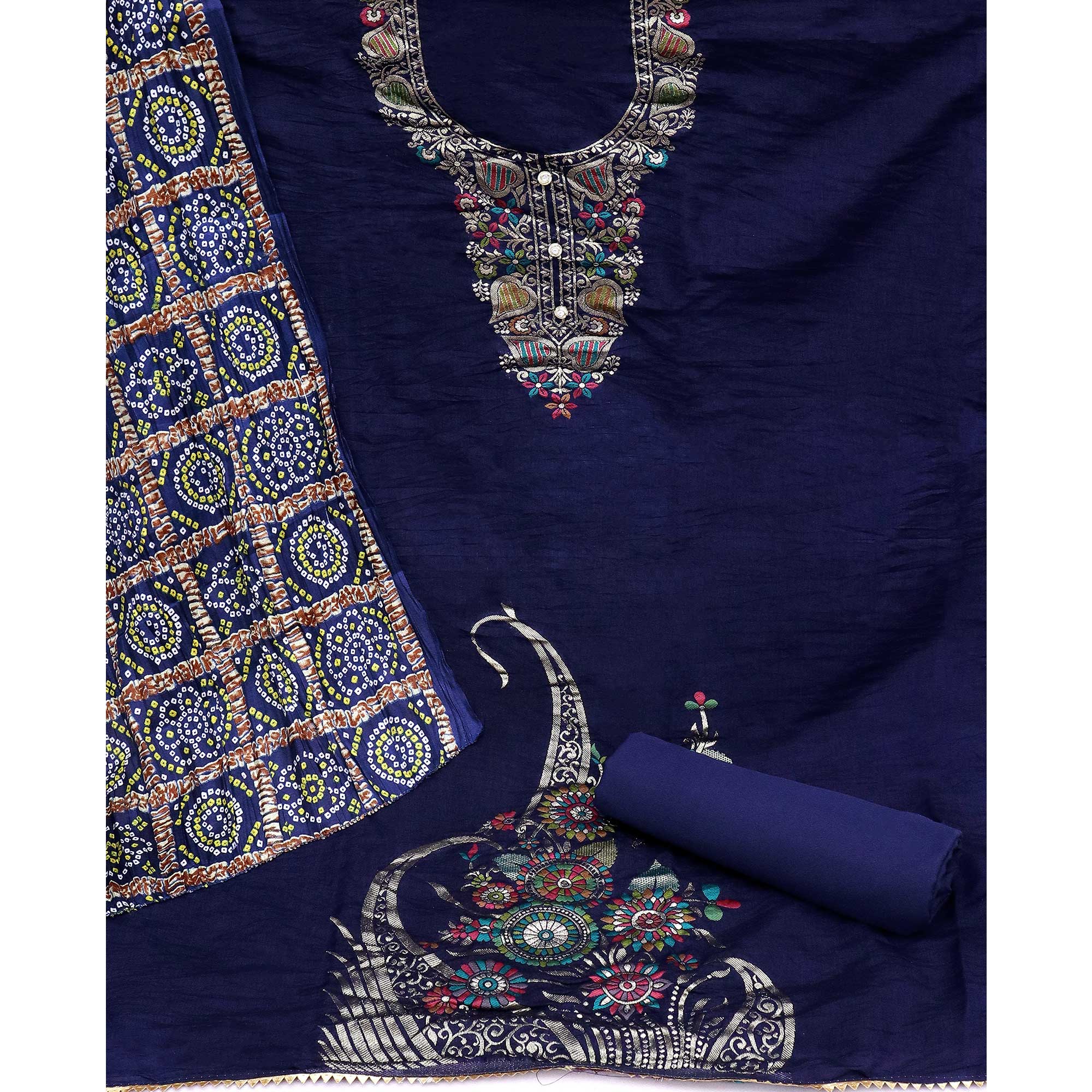 Blue Floral Woven Chanderi Jacquard Dress Material
