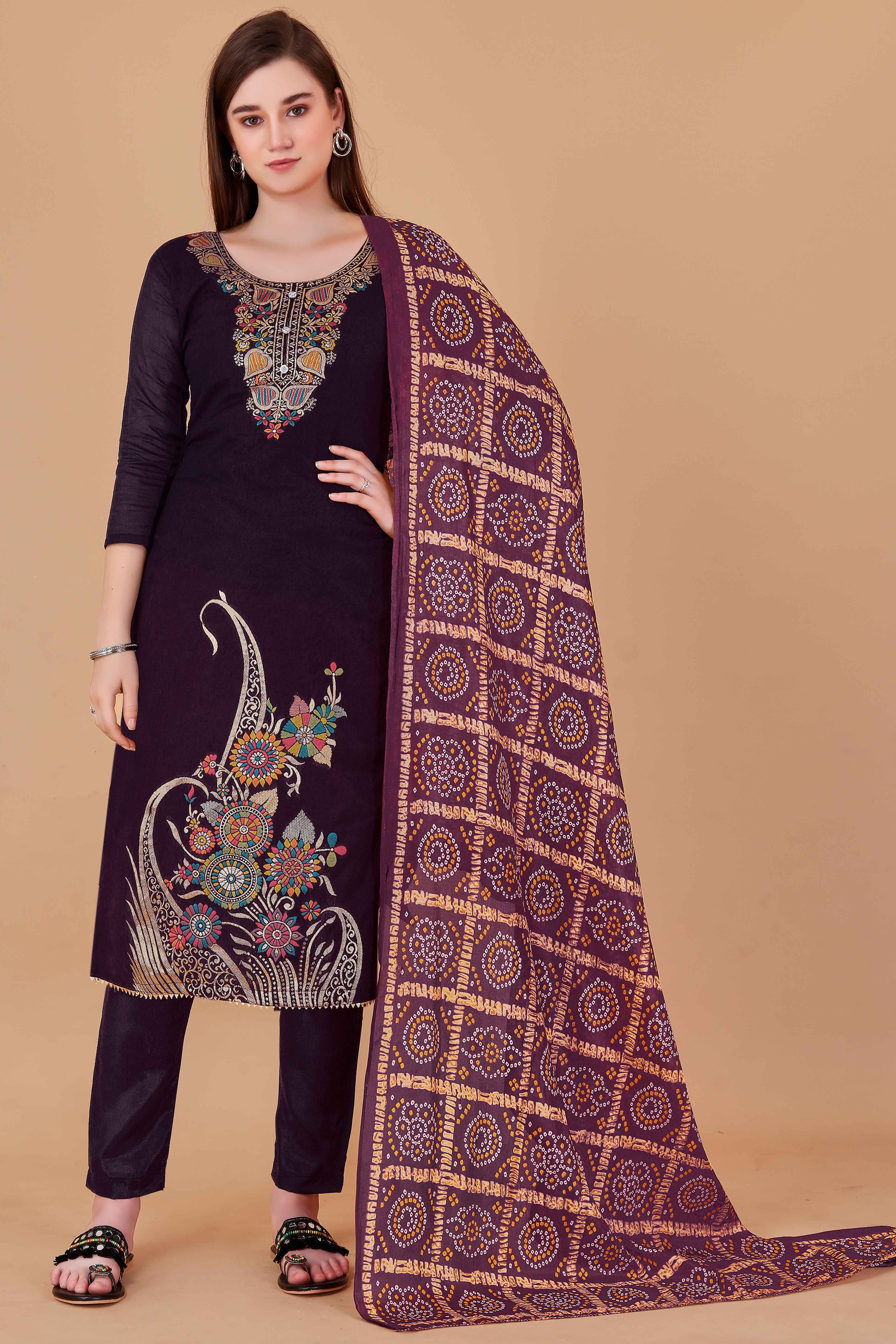 Purple Floral Woven Chanderi Jacquard Dress Material