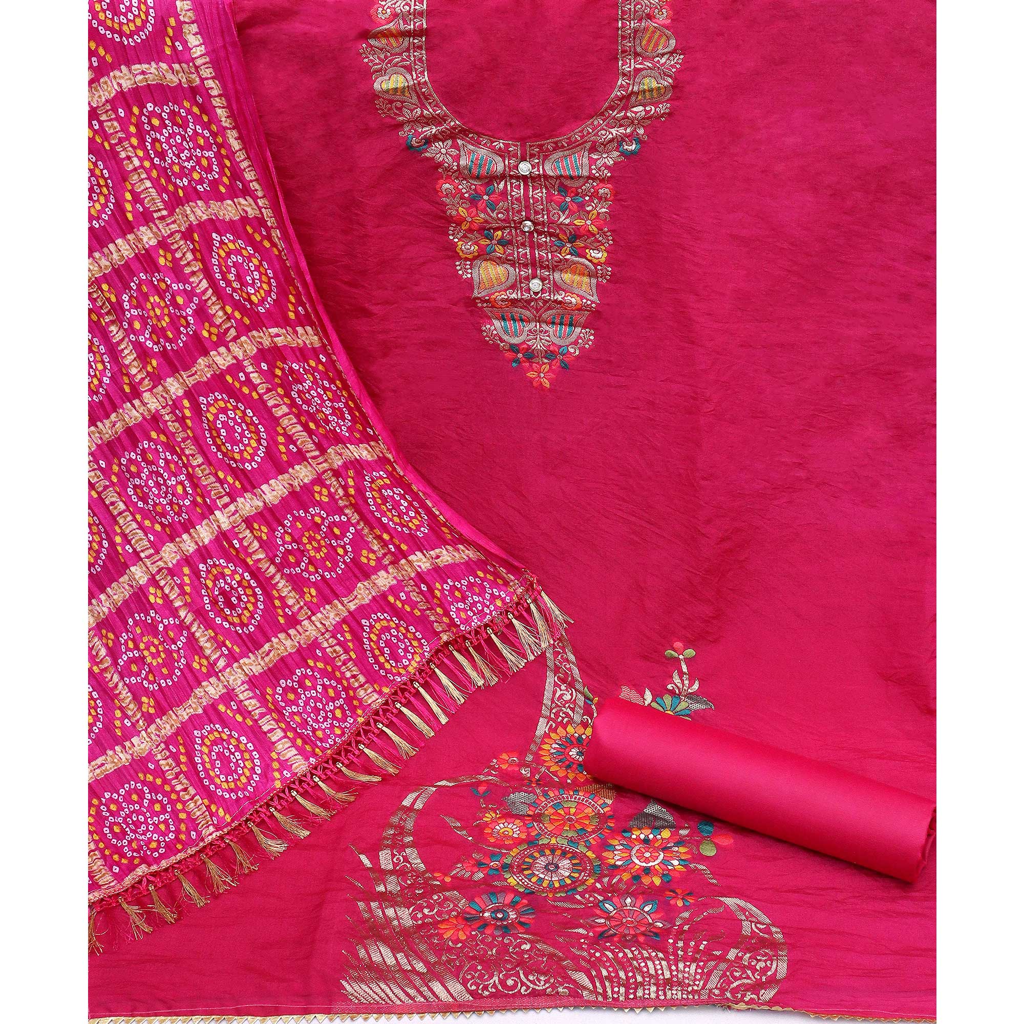 Rani Pink Floral Woven Chanderi Jacquard Dress Material