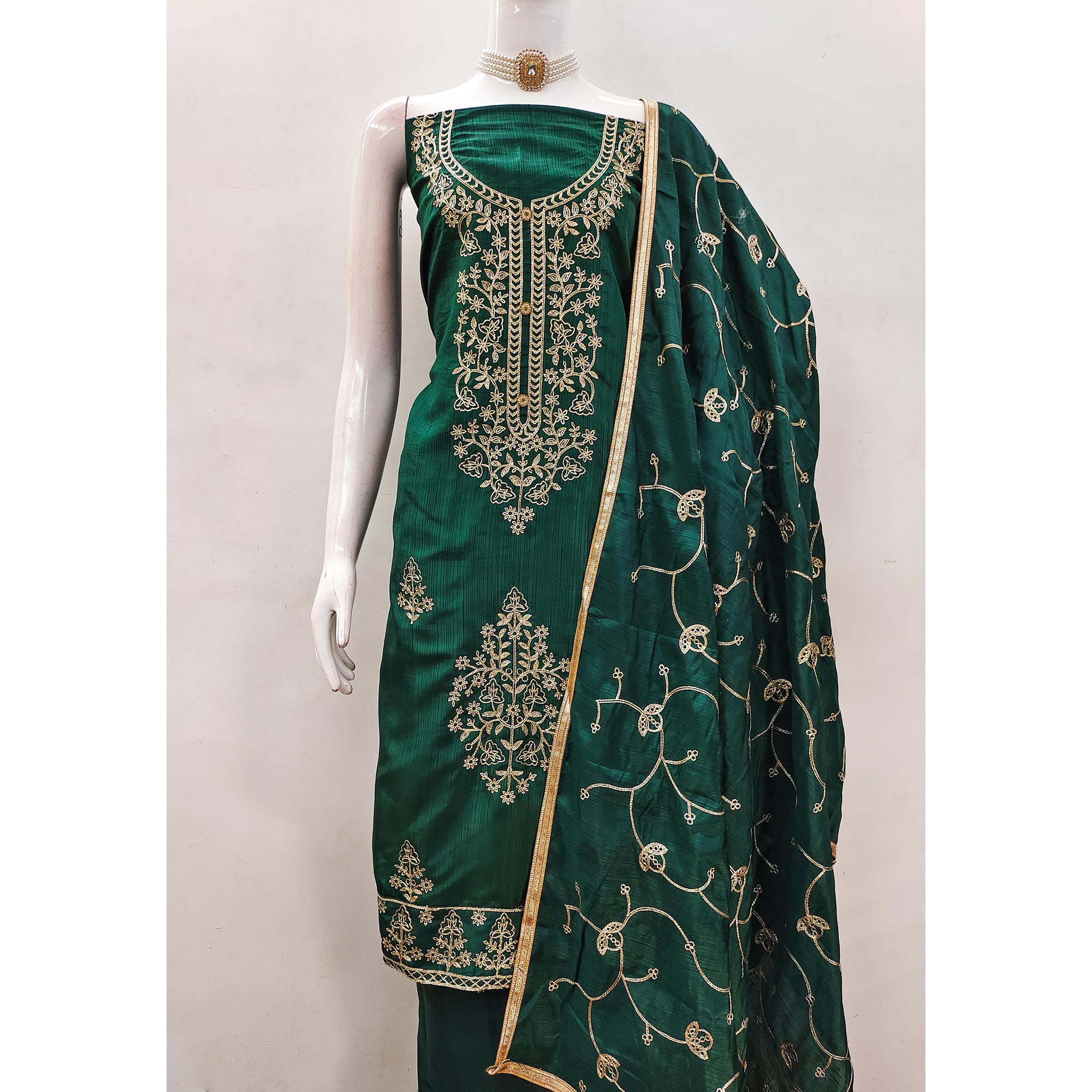 Green Floral Embroidered Art Silk Dress Material