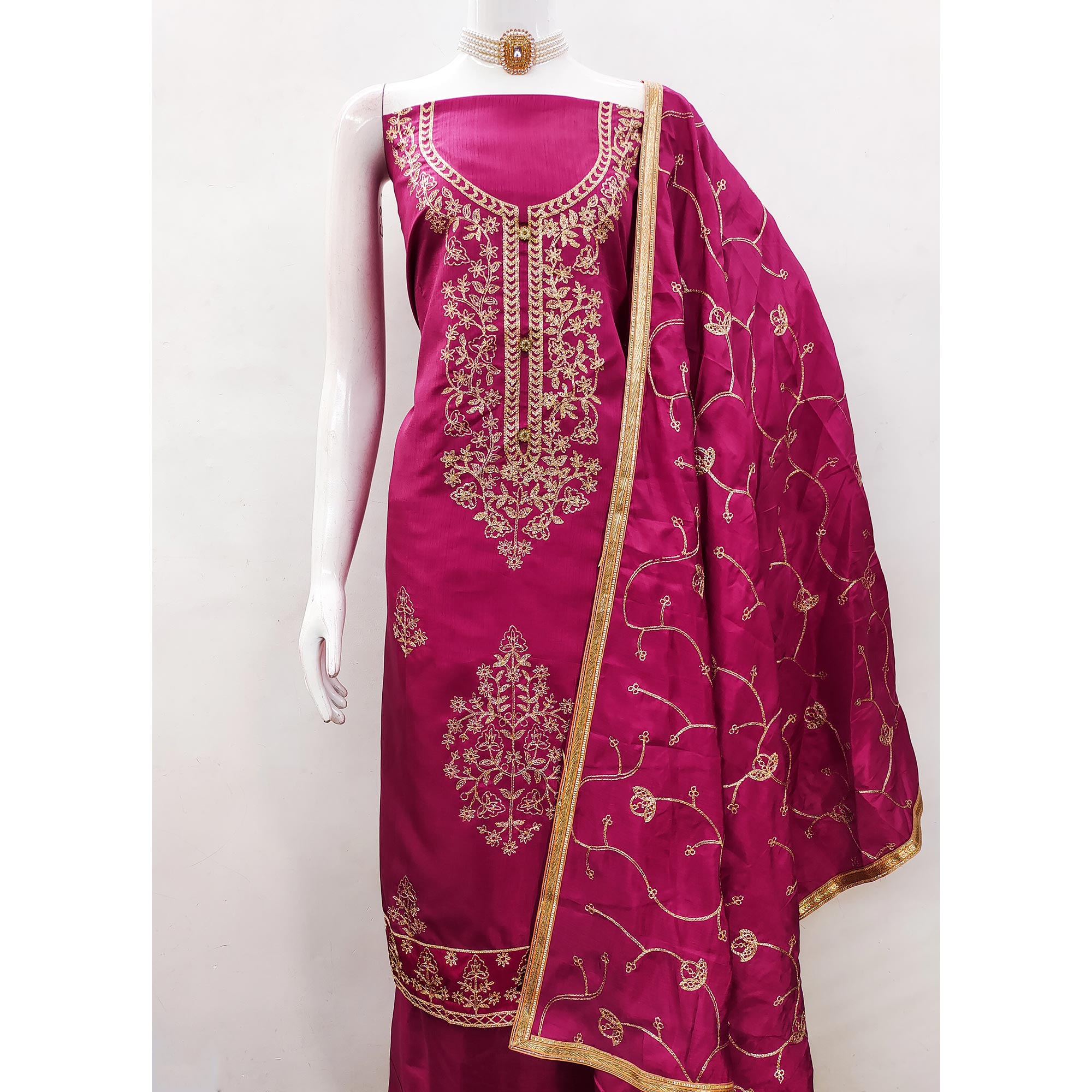 Rani Pink Floral Embroidered Art Silk Dress Material