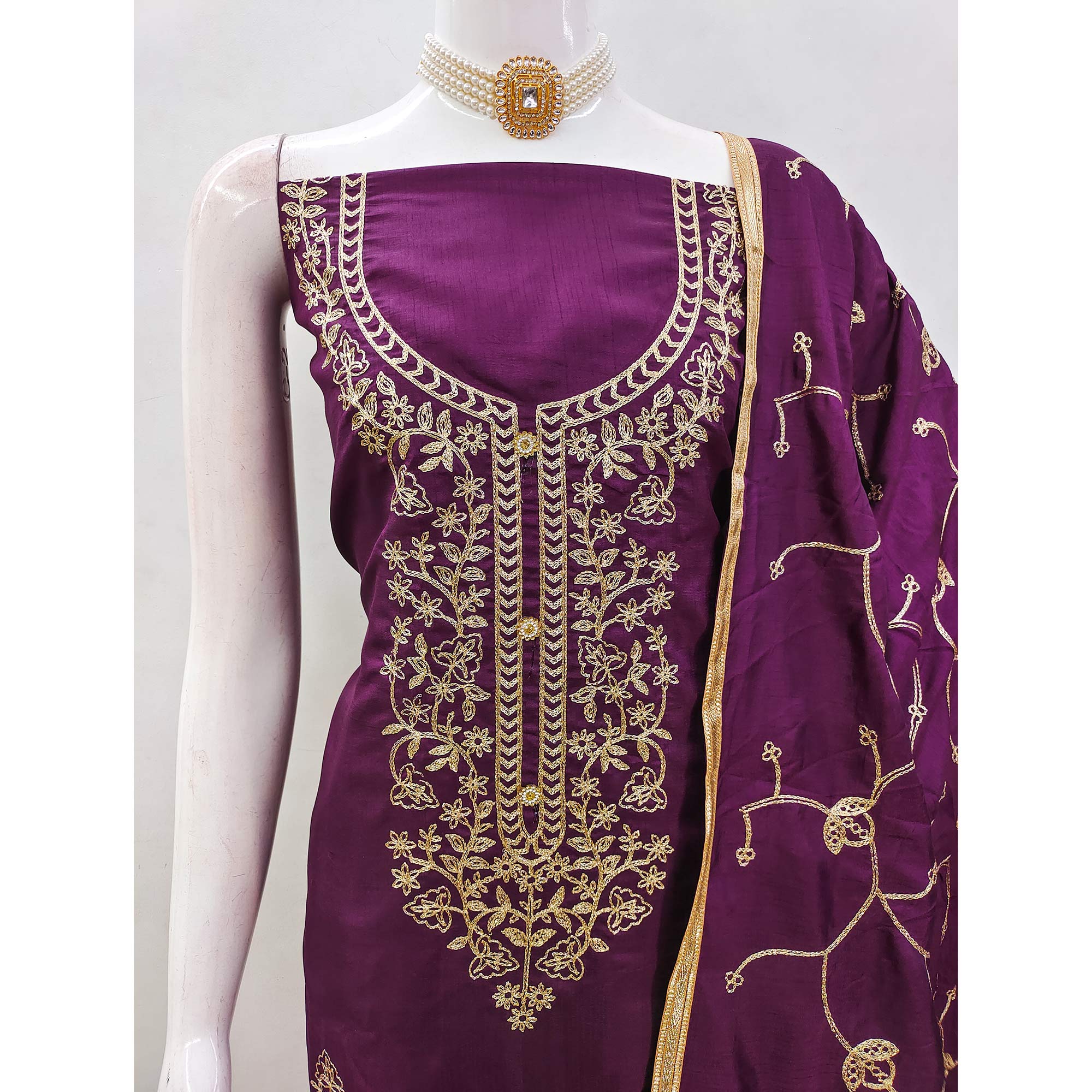 Wine Floral Embroidered Art Silk Dress Material