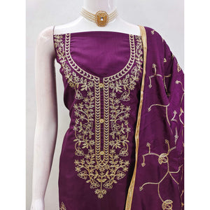 Wine Floral Embroidered Art Silk Dress Material