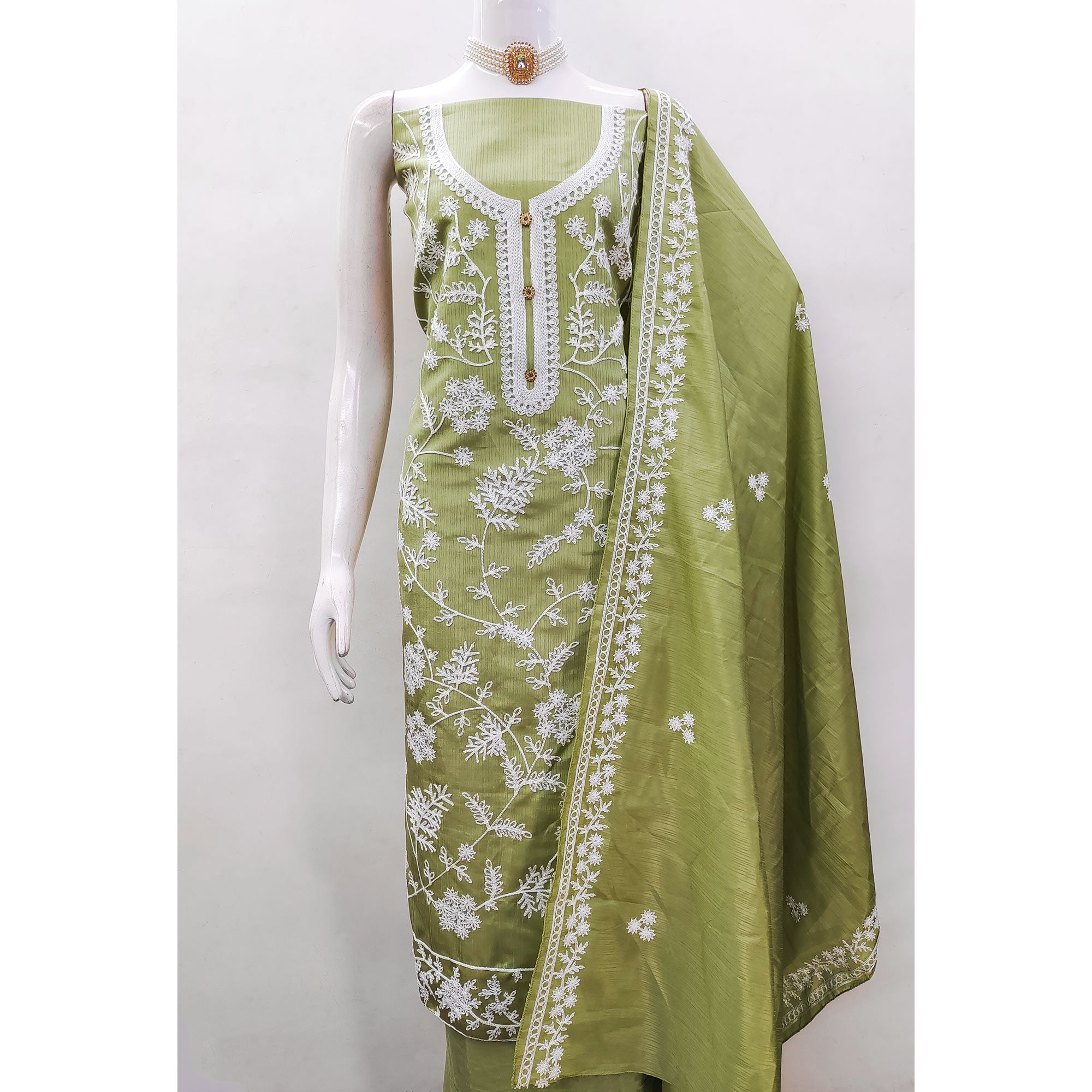 Green Floral Embroidered Art Silk Dress Material