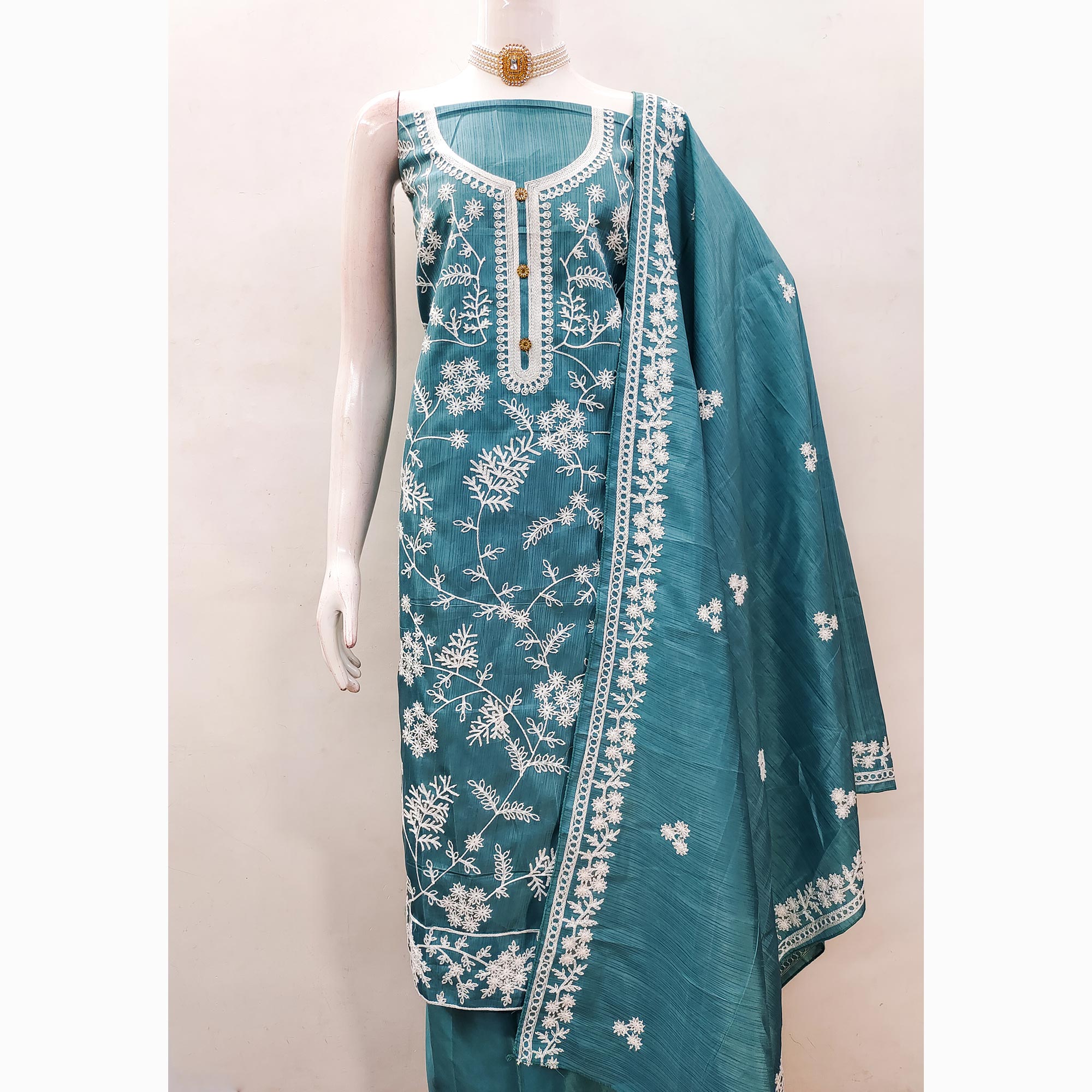 Rama Blue Floral Embroidered Art Silk Dress Material