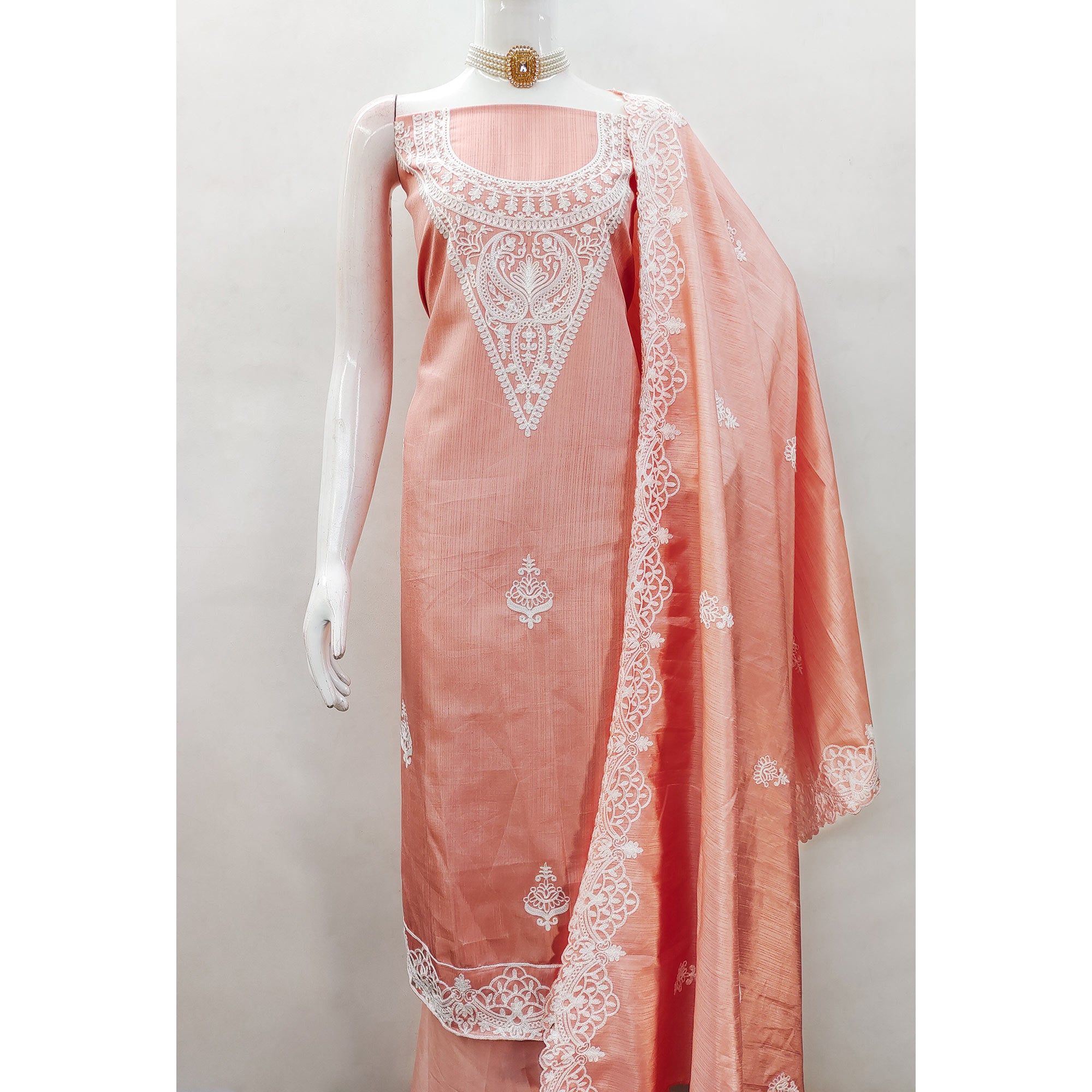 Peach Paisley Floral Embroidered Art Silk Dress Material