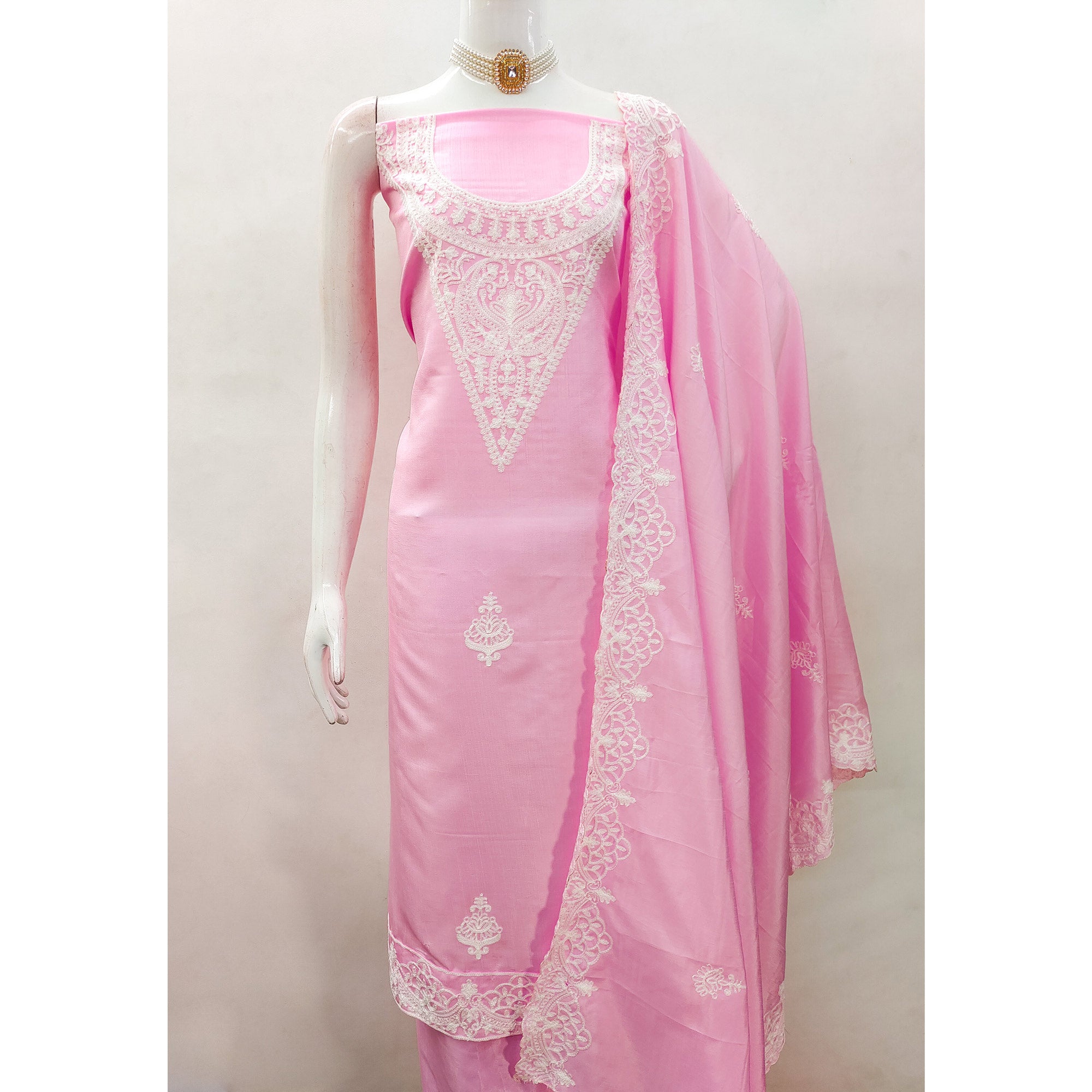 Pink Paisley Floral Embroidered Art Silk Dress Material