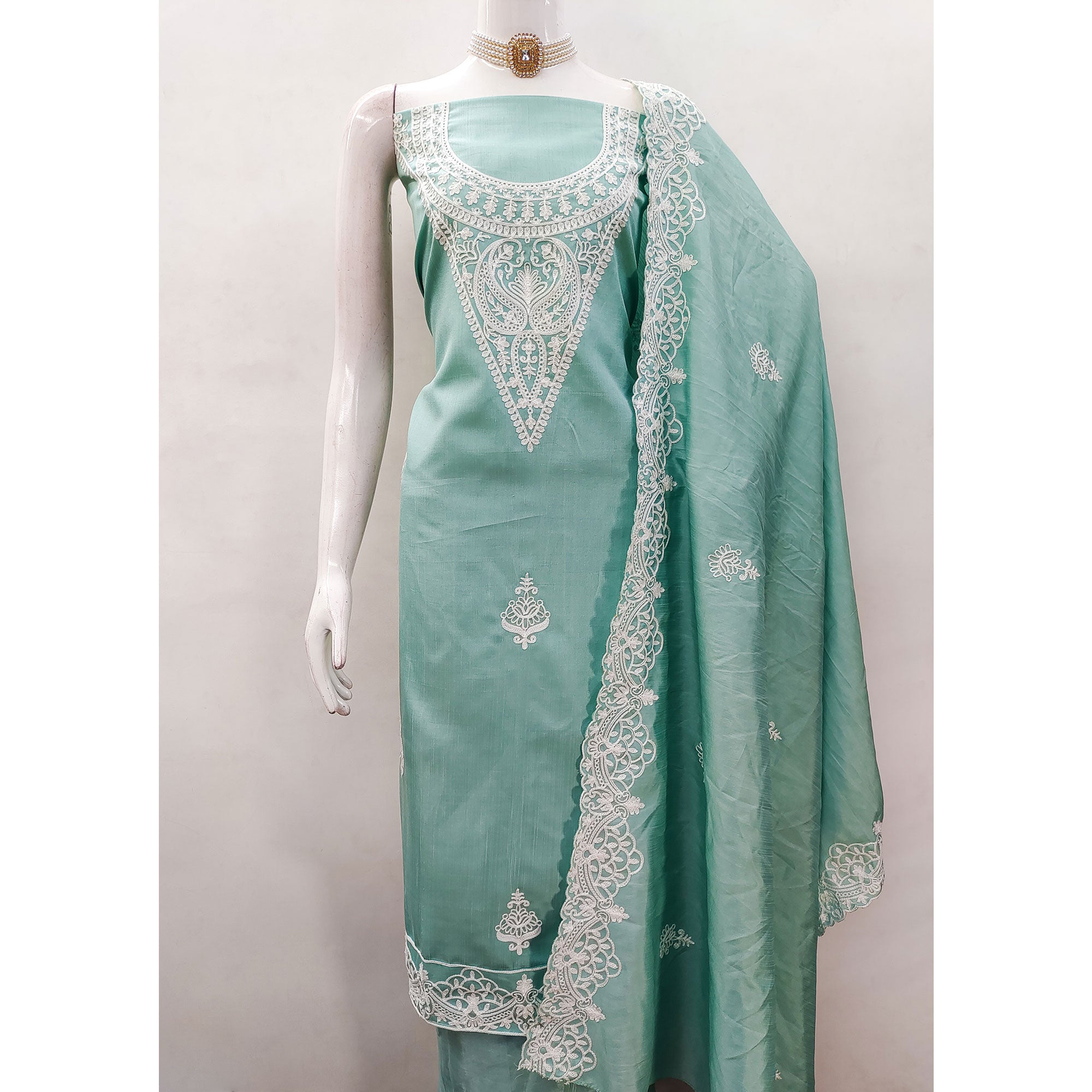 Turquoise Paisley Floral Embroidered Art Silk Dress Material