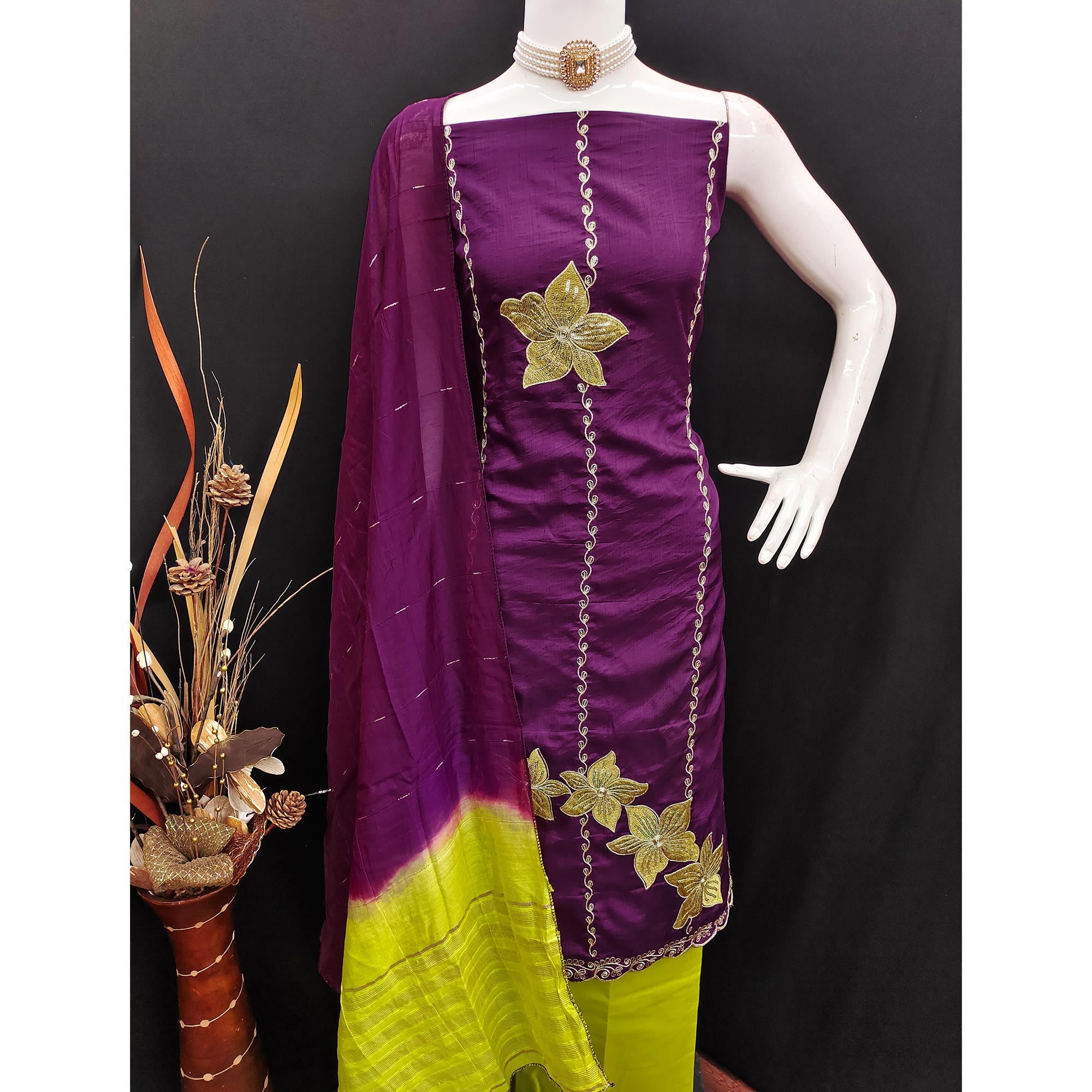 Purple Floral Sequins Embroidered Art Silk Dress Material
