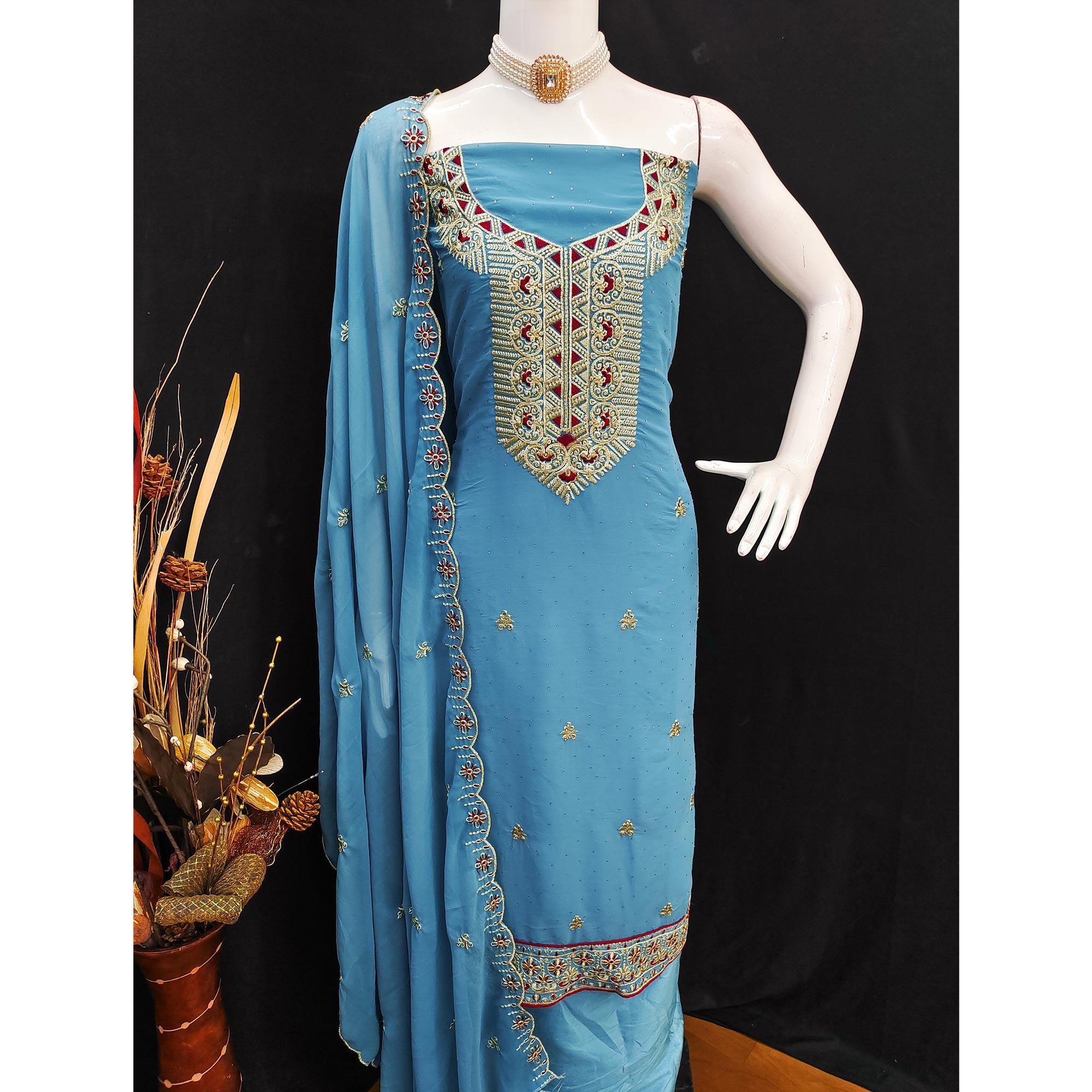 Blue Floral Embroidered With Stonework Georgette Dress Material
