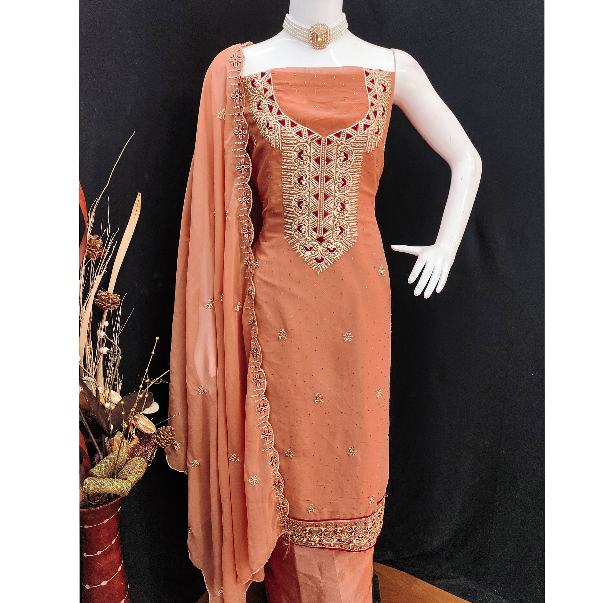 Peach Floral Embroidered With Stonework Georgette Dress Material