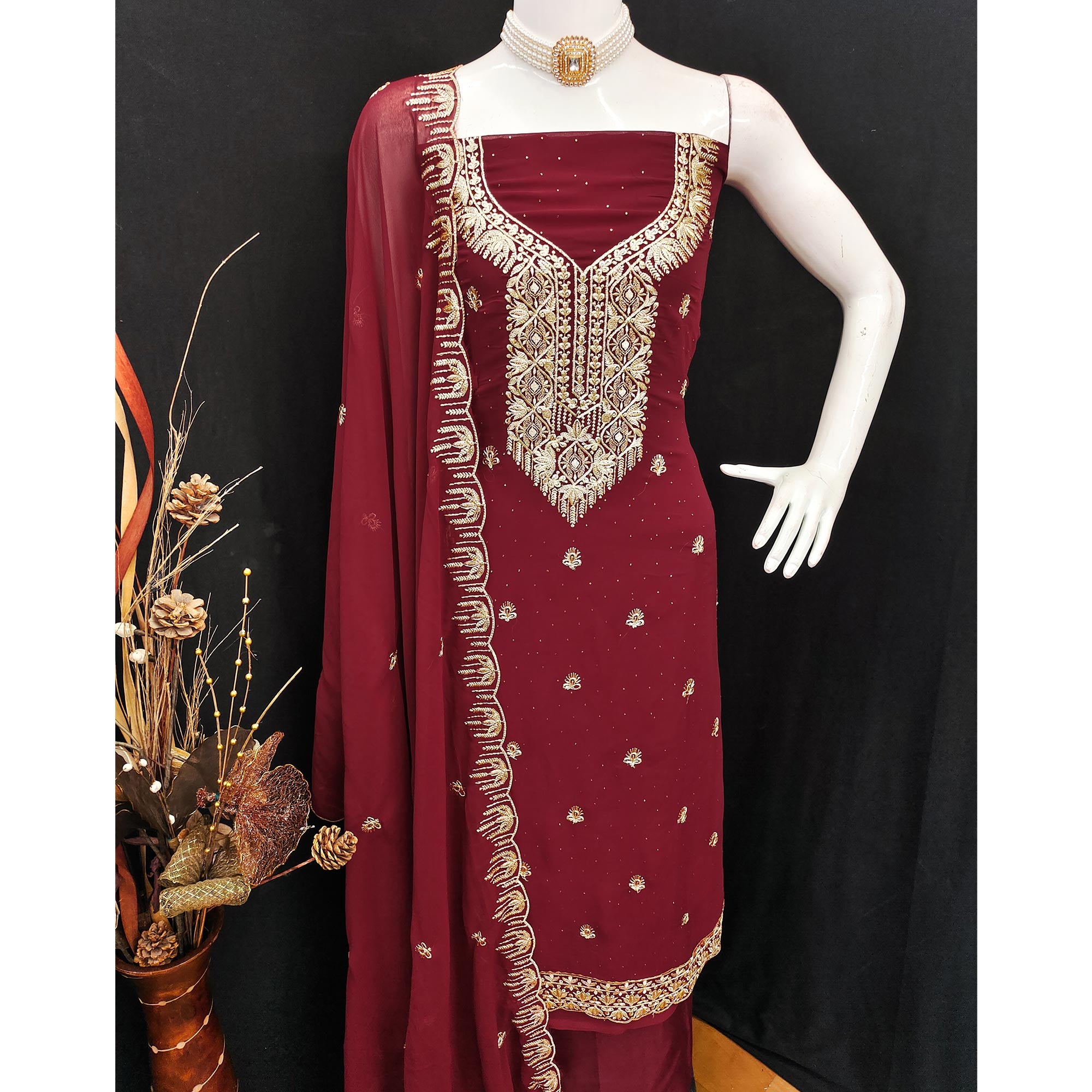 Maroon Floral Embroidered With Stonework Georgette Dress Material