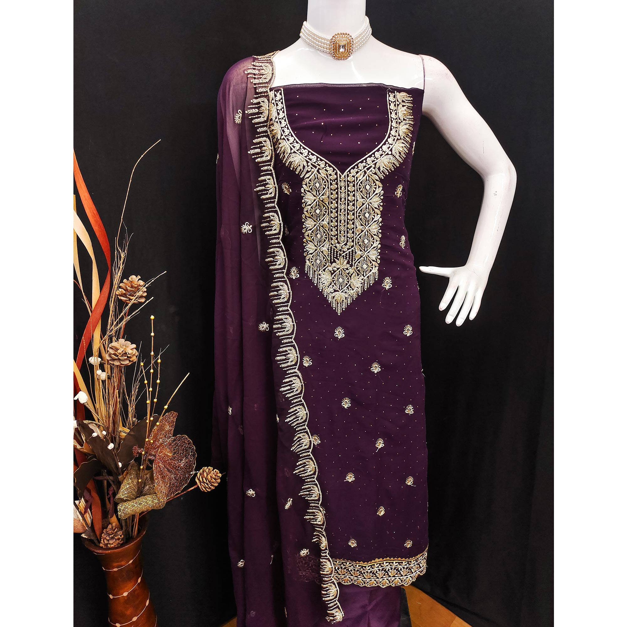 Wine Floral Embroidered With Stonework Georgette Dress Material