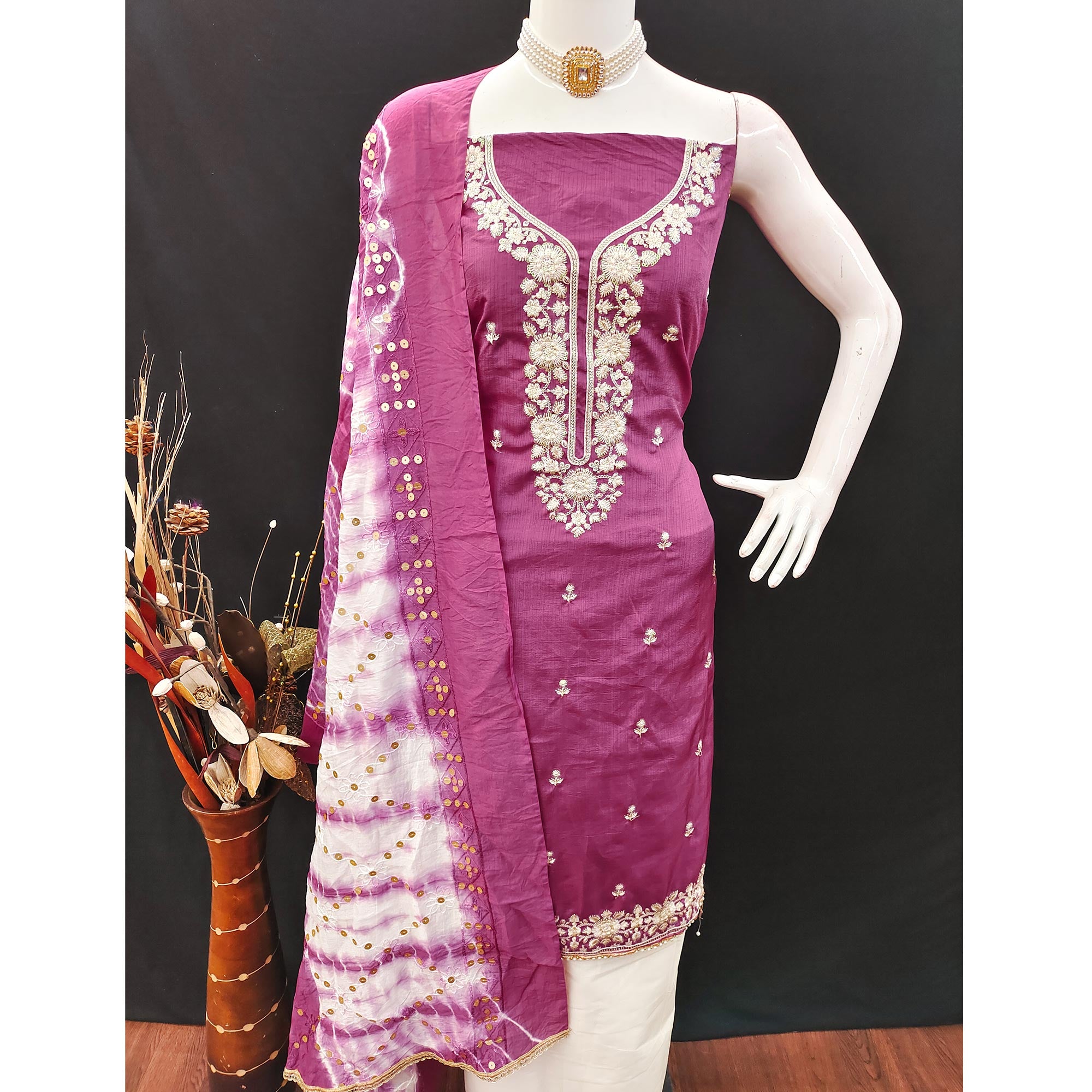 Purple Floral Sequins Embroidered Art Silk Dress Material