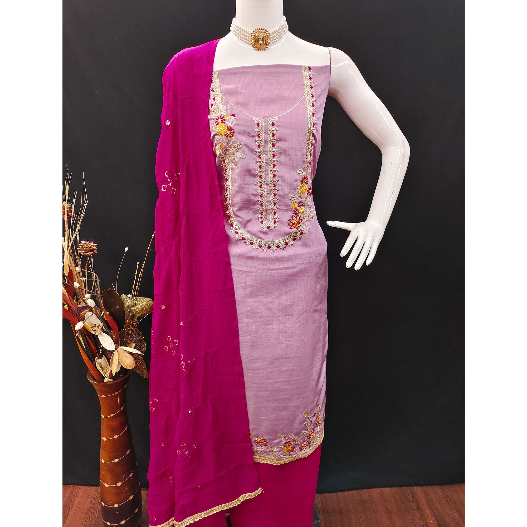 Pink Floral Sequins Embroidered Art Silk Dress Material