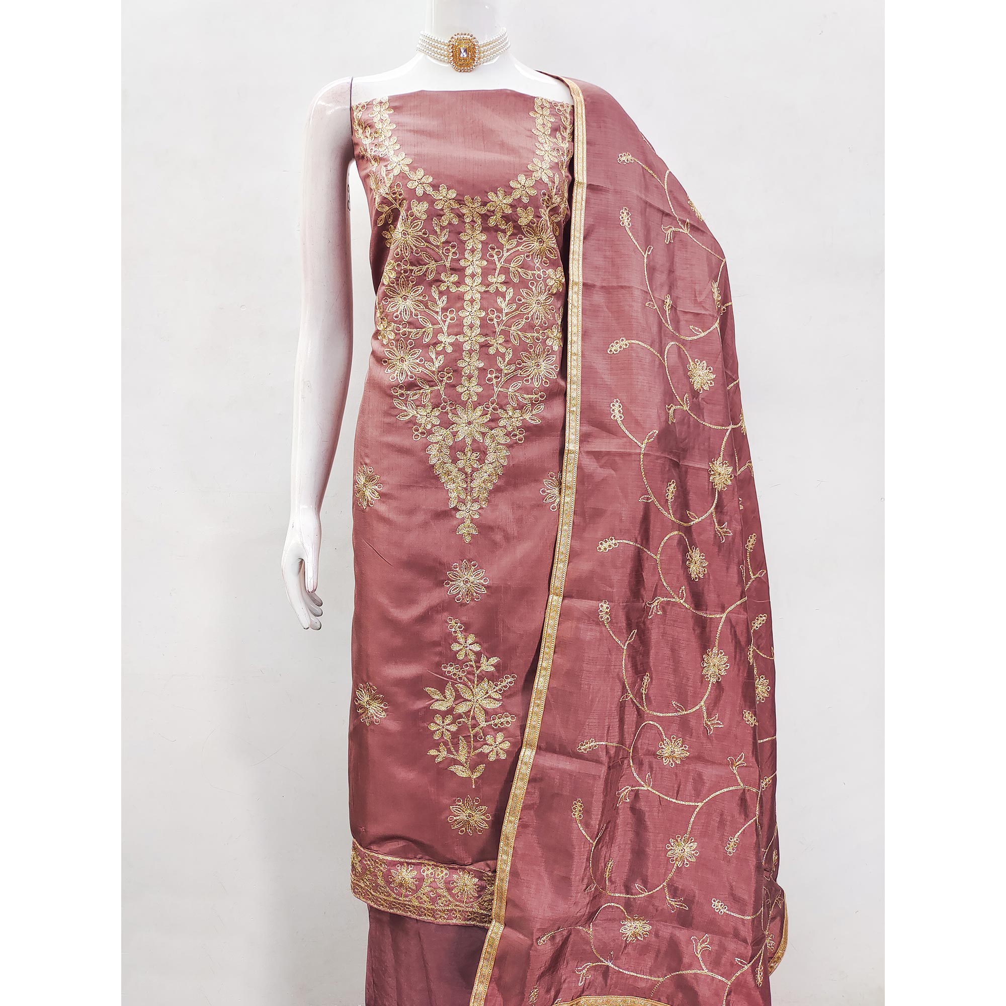 Dusty Rose Pink Floral Embroidered Art Silk Dress Material