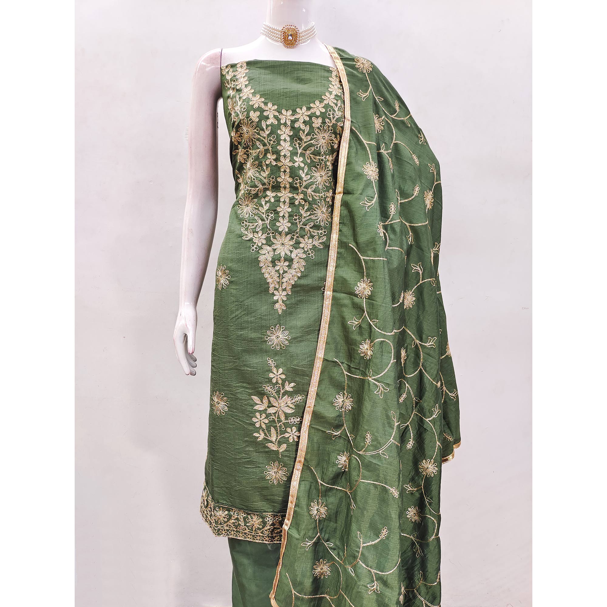 Green Floral Embroidered Art Silk Dress Material