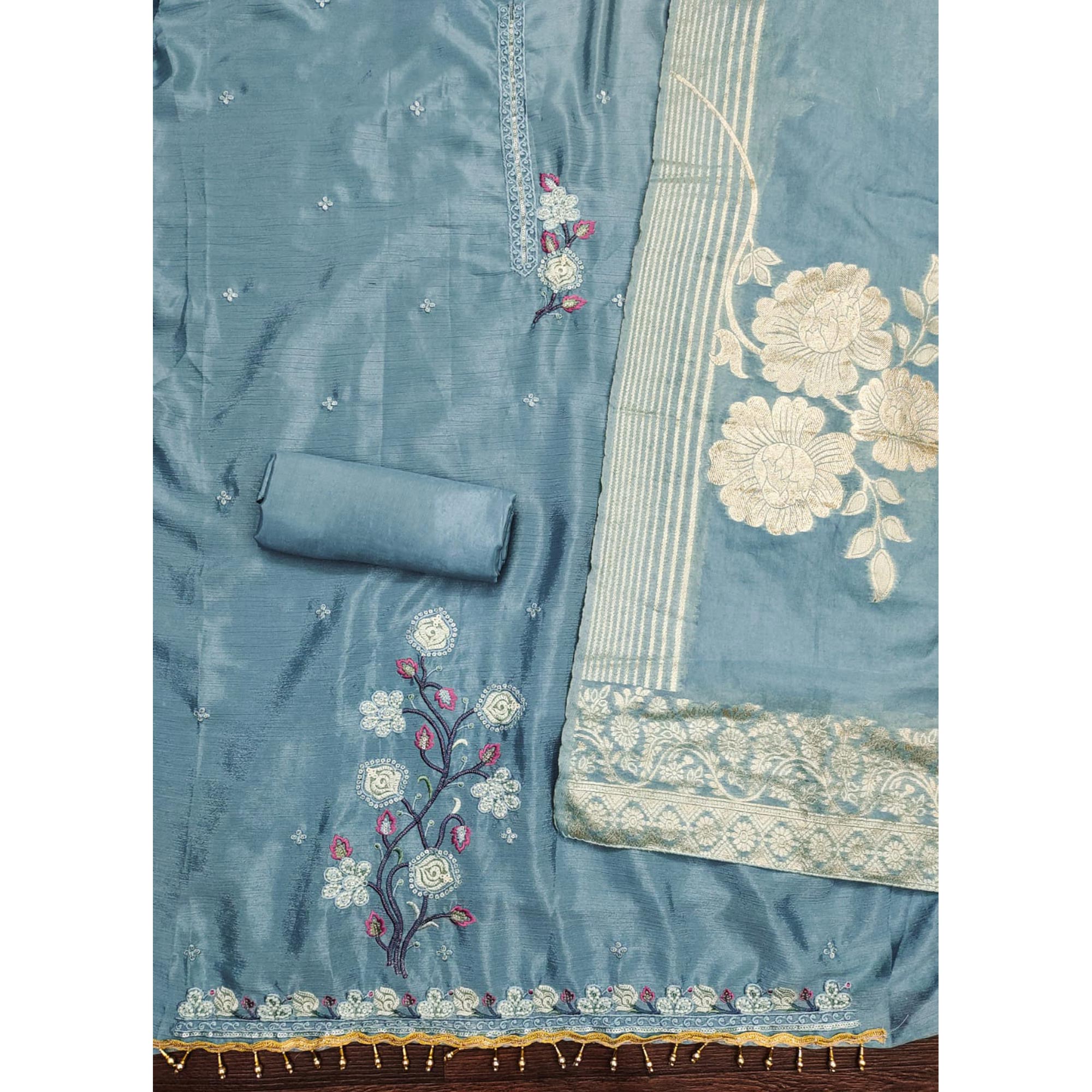 Blue Floral Embroidered Chinon Silk Dress Material