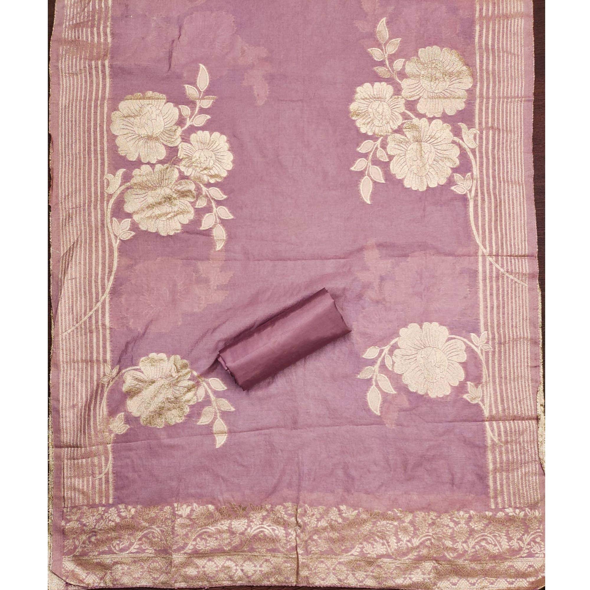 Light Mauve Floral Embroidered Chinon Silk Dress Material