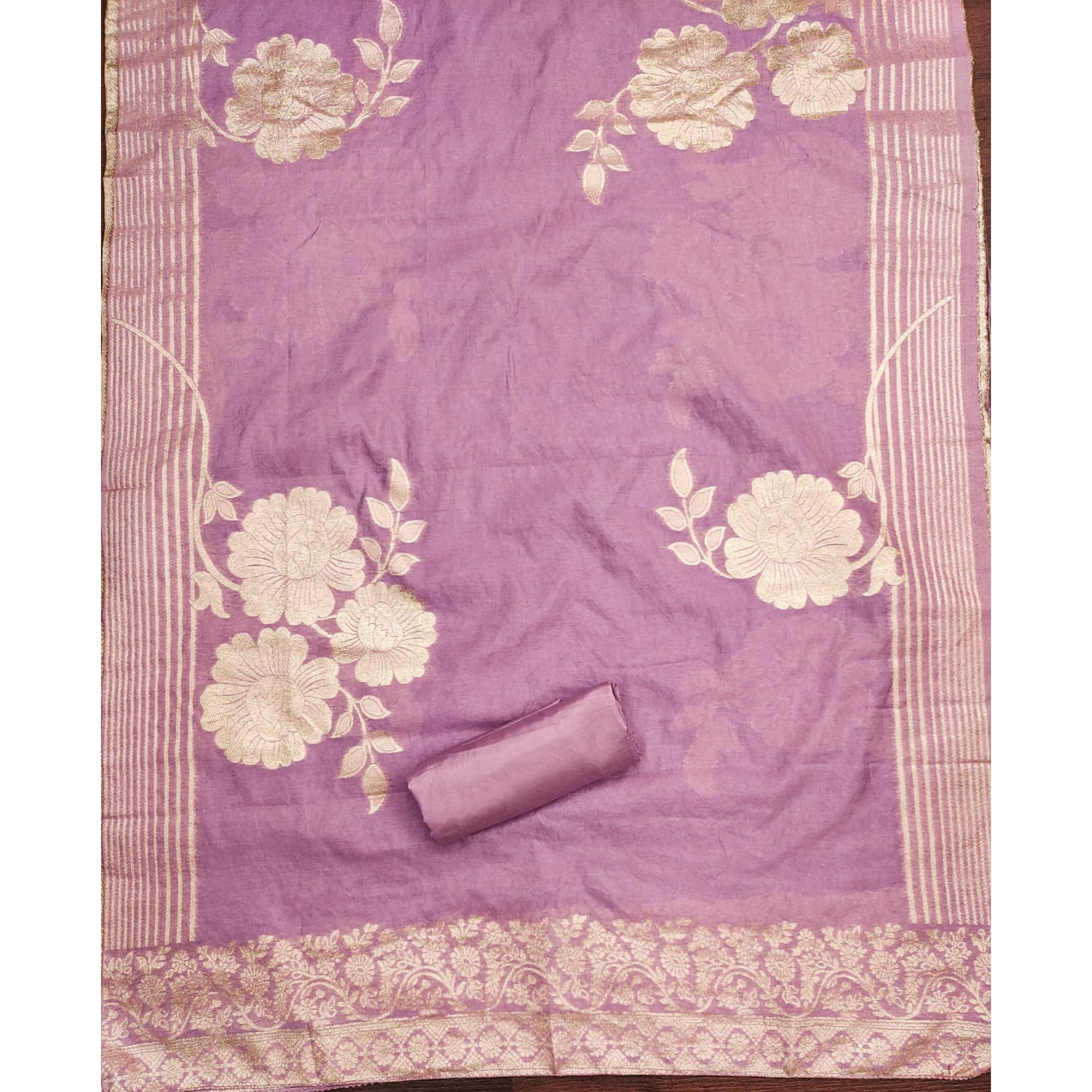 Lilac Purple Floral Embroidered Chinon Silk Dress Material