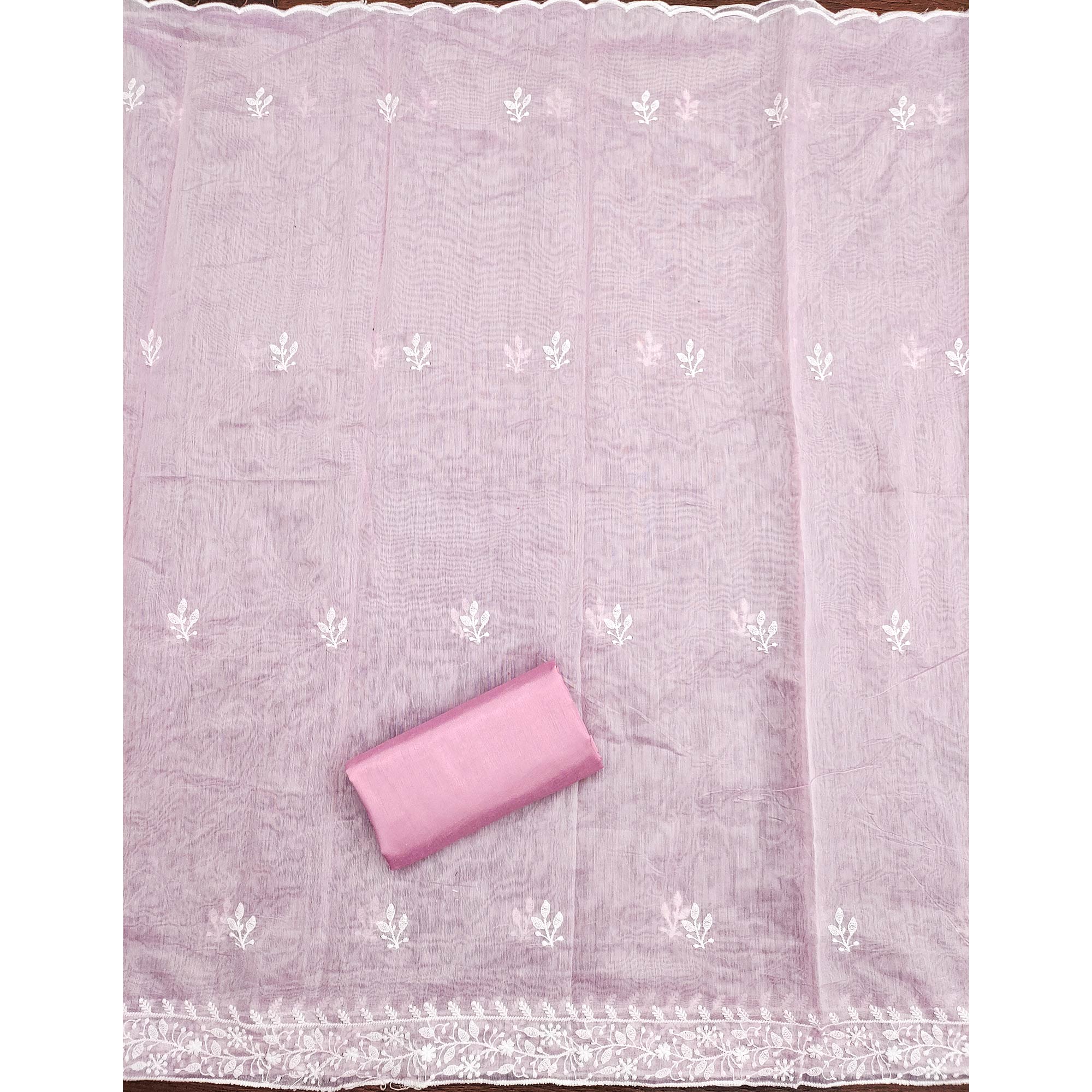 Pink Floral Embroidered Modal Chanderi Silk Dress Material