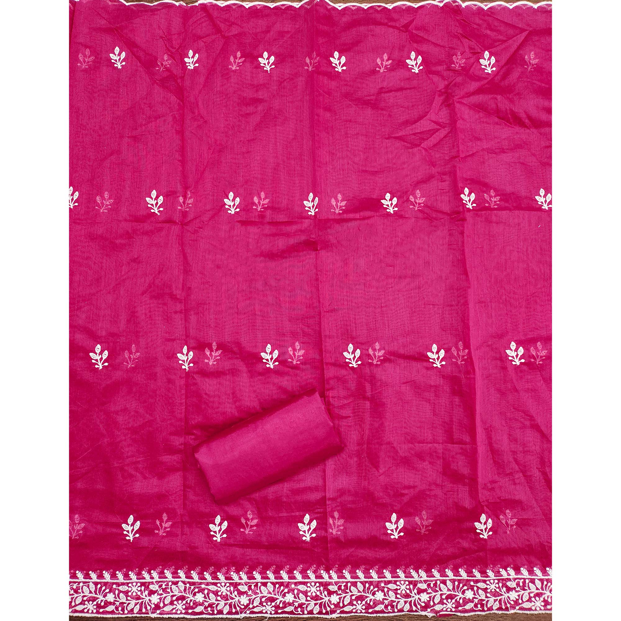Rani Pink Floral Embroidered Modal Chanderi Silk Dress Material
