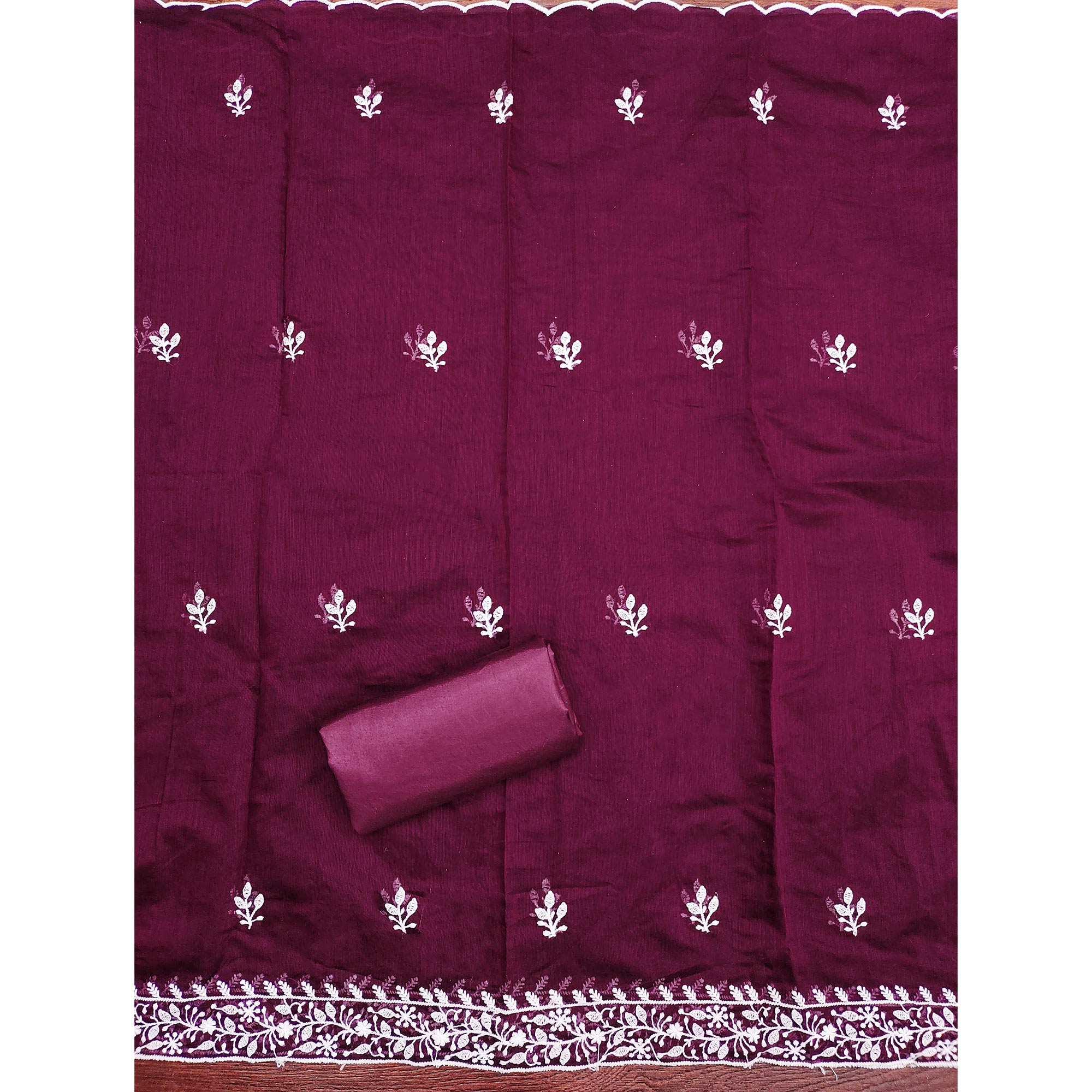 Wine Floral Embroidered Modal Chanderi Silk Dress Material
