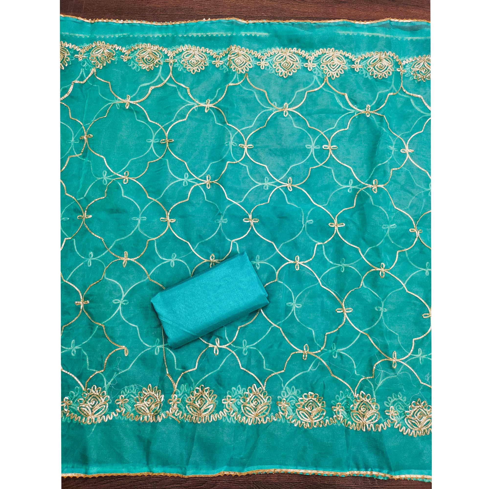 Turquoise Floral Woven Organza Jacquard Dress Material