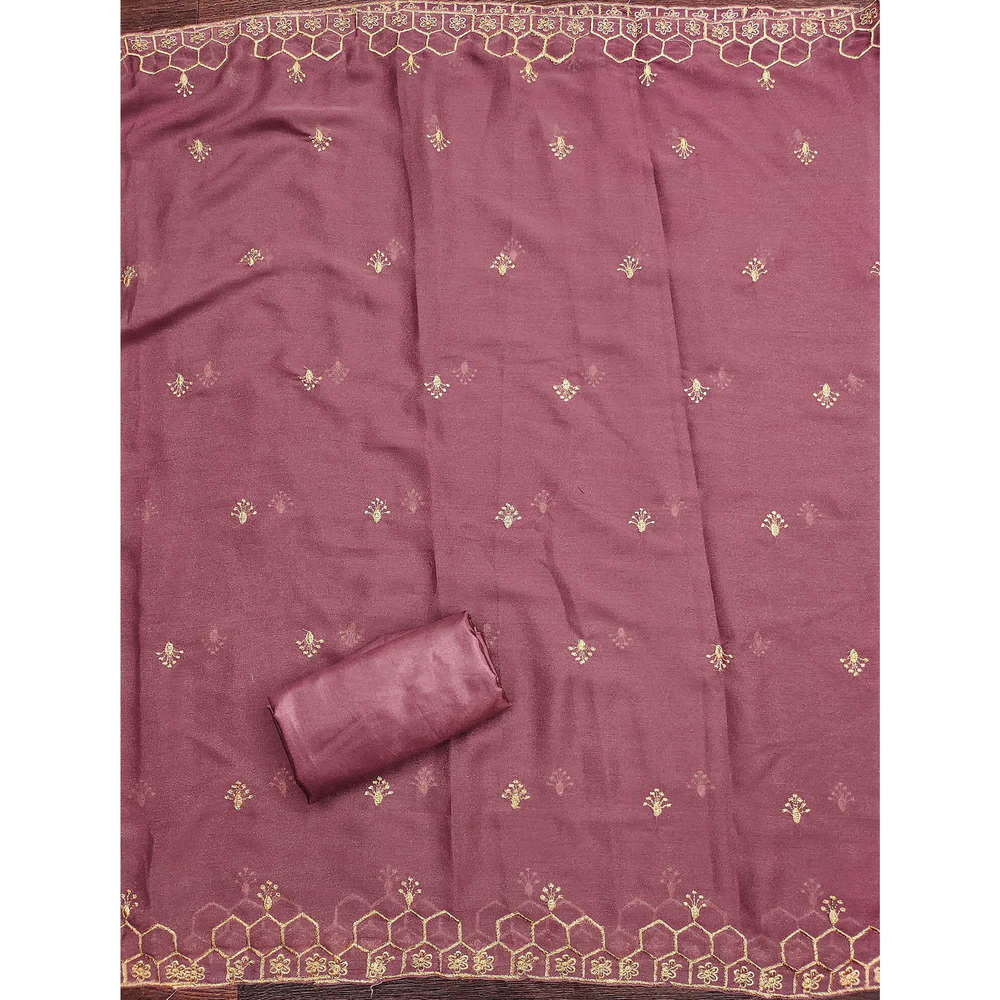 Mauve Floral Embroidered Georgette Dress Material