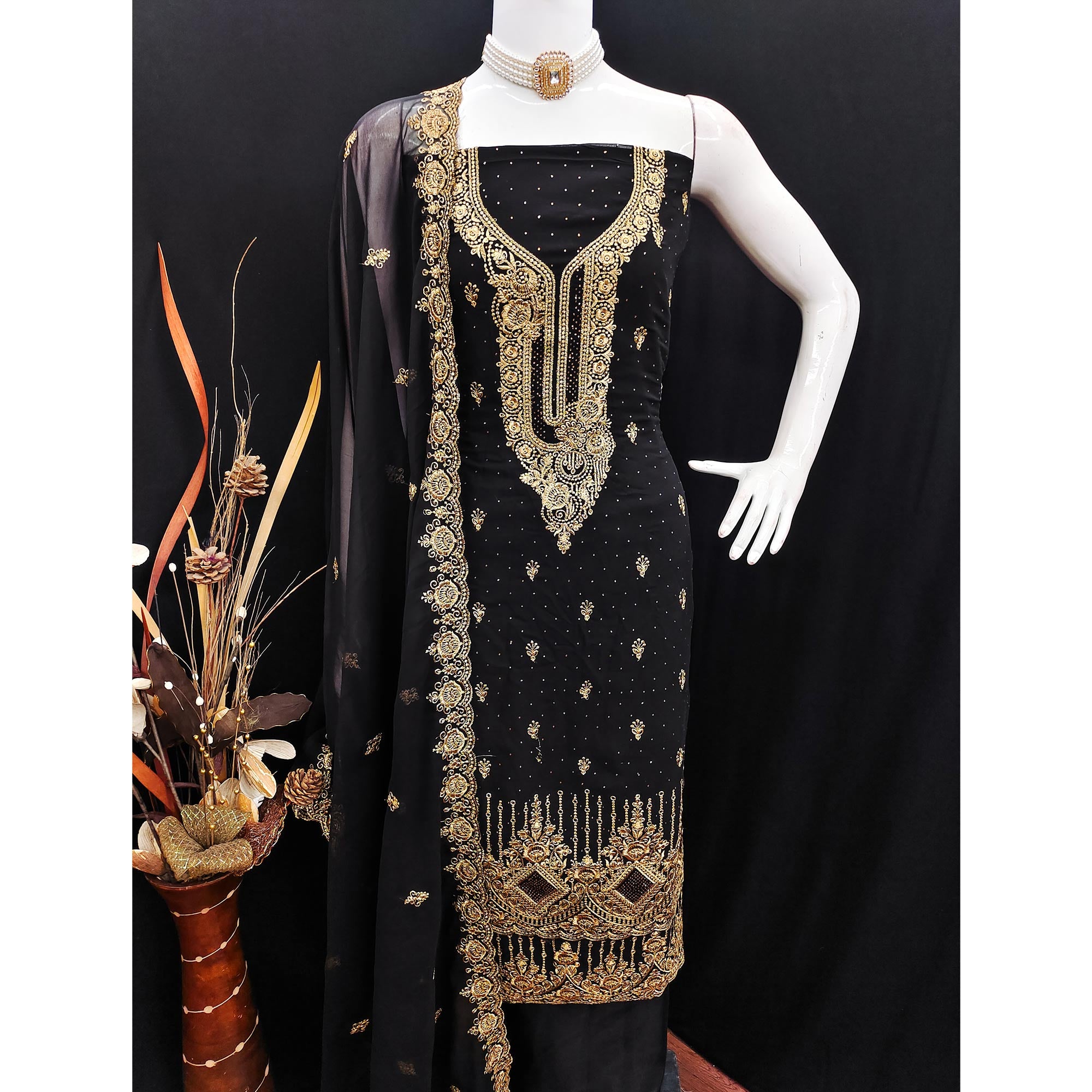 Black Embroidered With Swarovski Work Georgette Dress Material