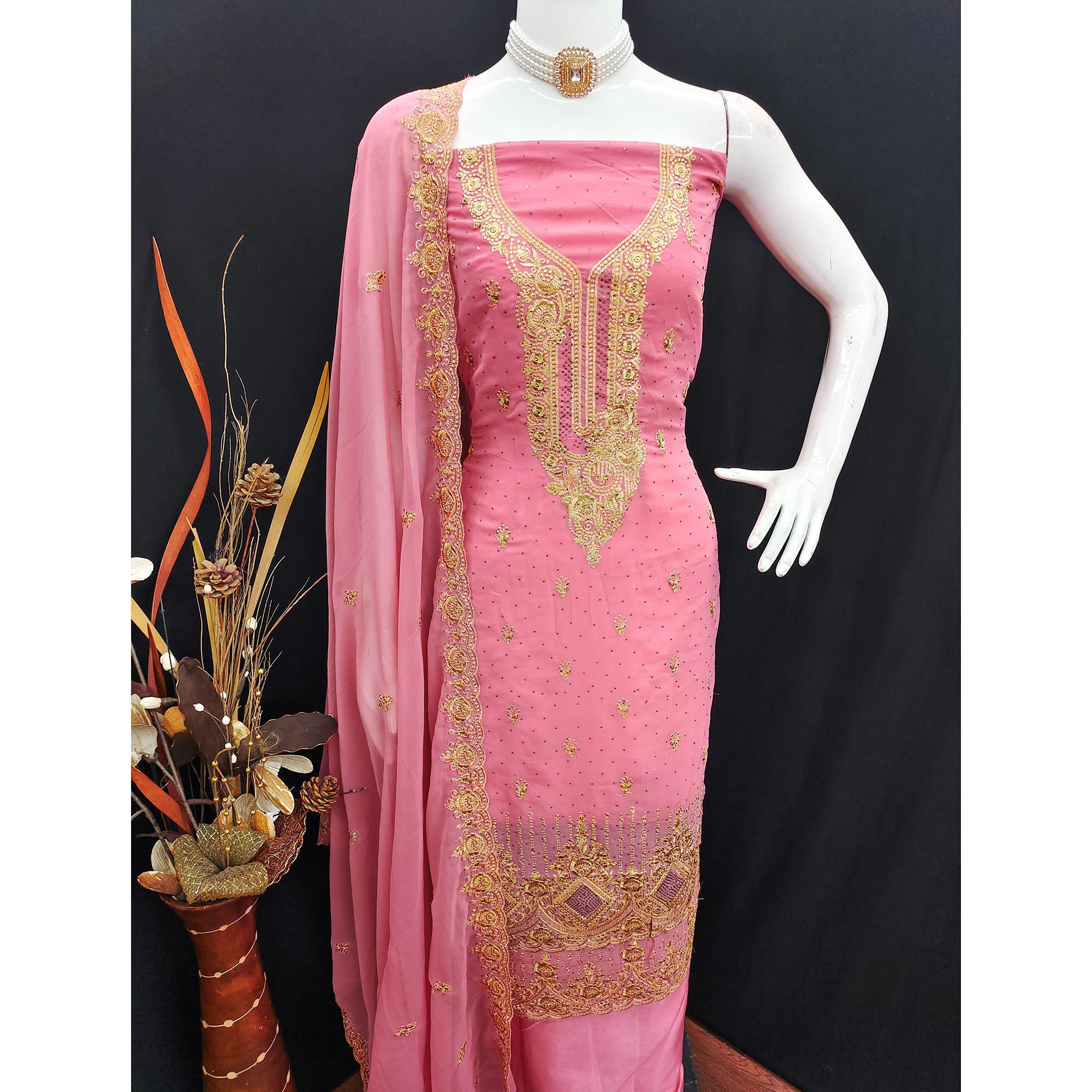 Pink Embroidered With Swarovski Work Georgette Dress Material