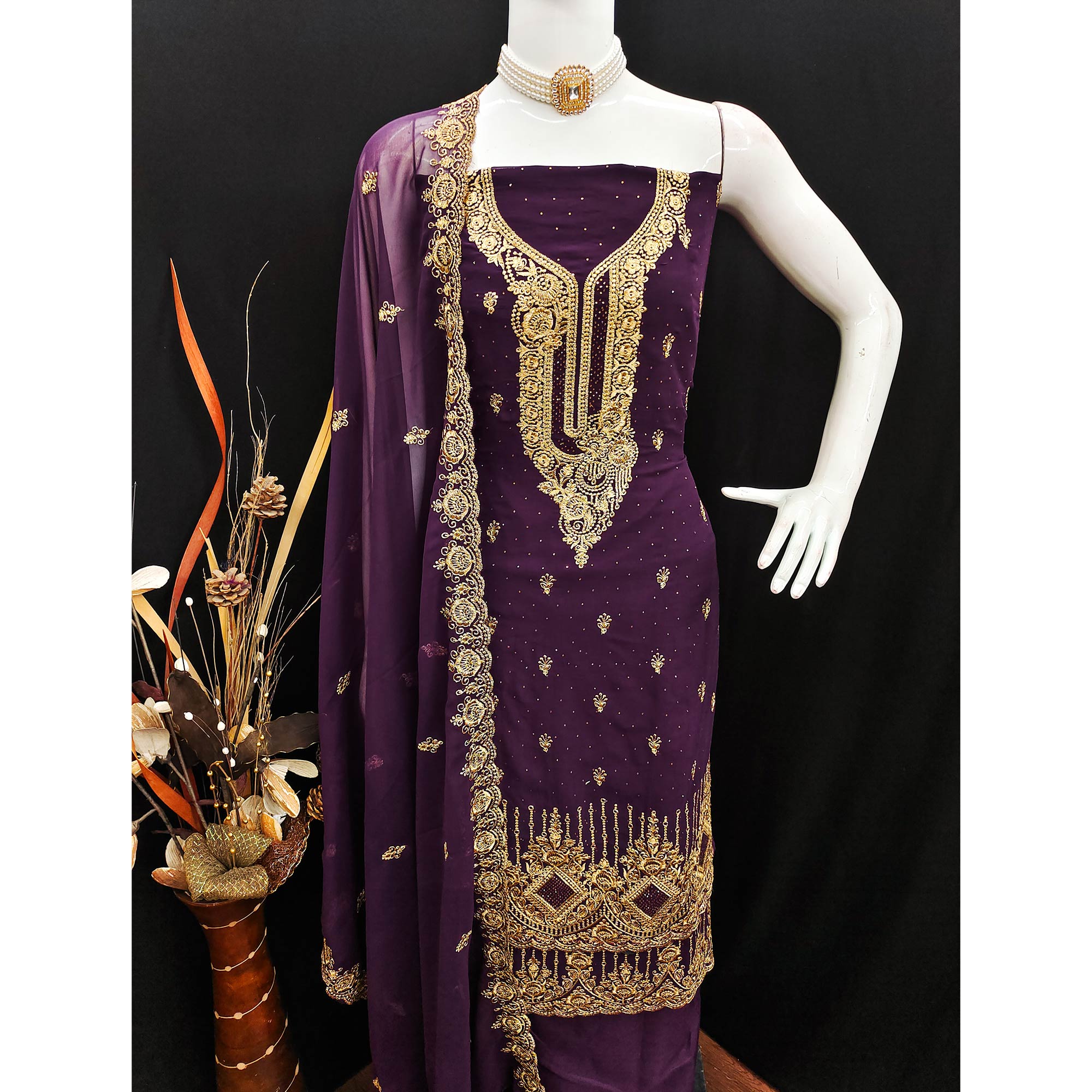 Wine Embroidered With Swarovski Work Georgette Dress Material