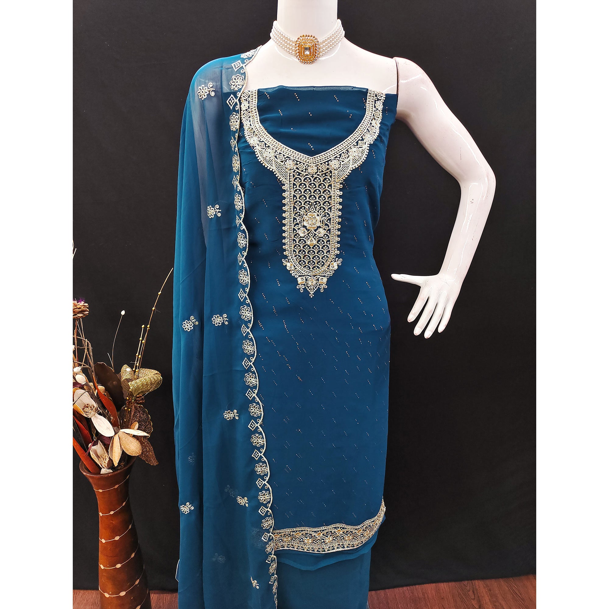 Blue Floral Embroidered With Swarovski Work Georgette Dress Material